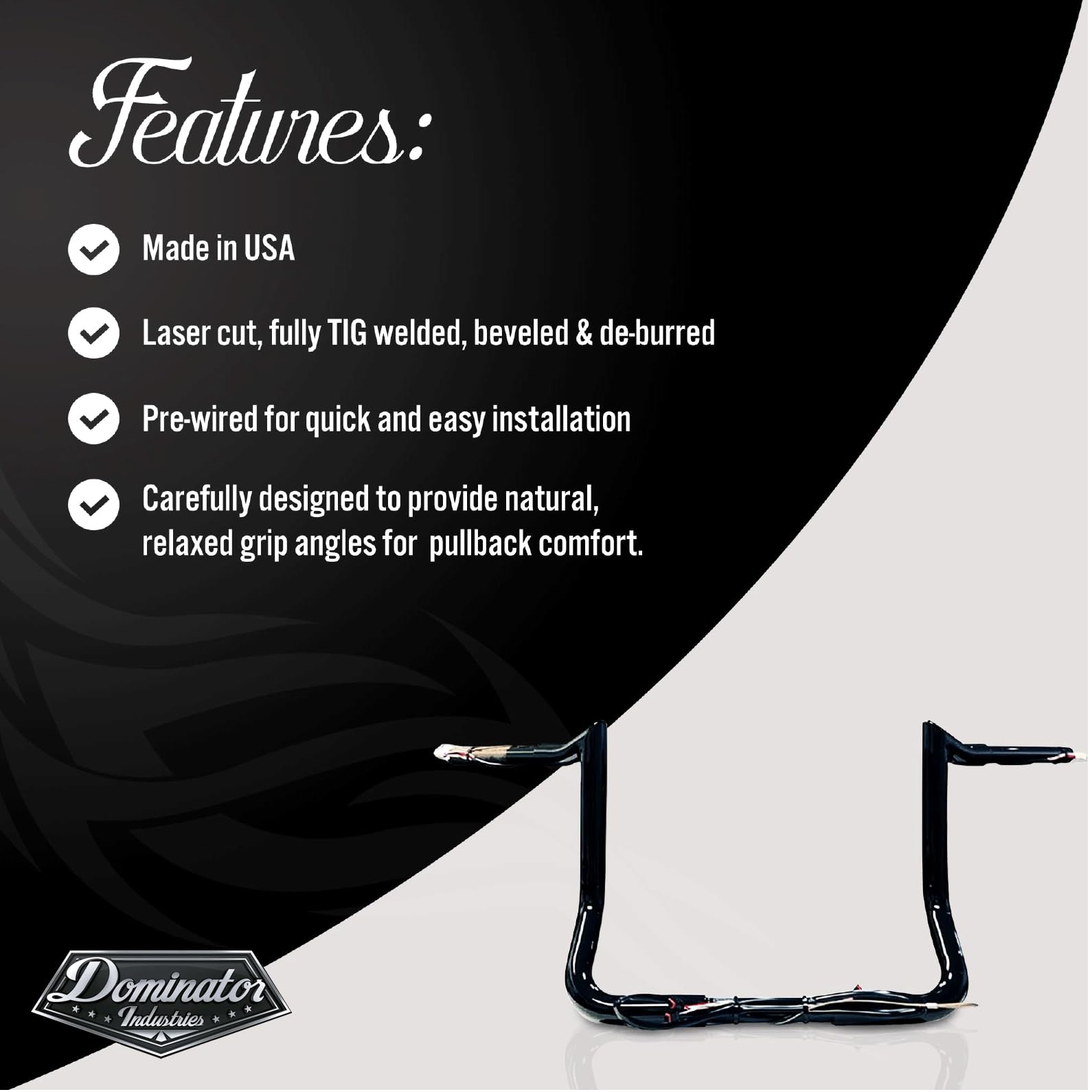 Dominator Industries 1 1/4' Pre-Wired 12' Meathook Bar Ape Hangers Handlebars For 2014-2023 Harley-Davidson Bagger Touring Electra & Street Glide, Special, Ultra Limited, Low (Gloss Black)