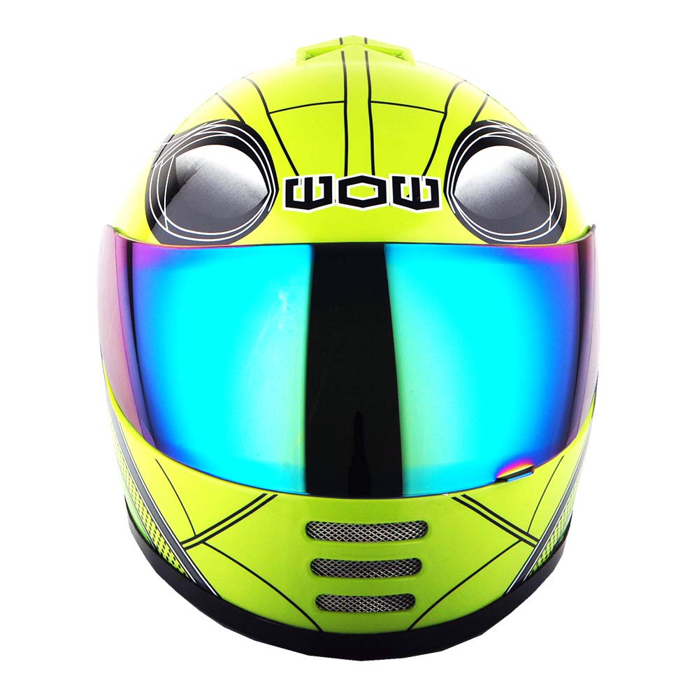 Wow Youth Motorcycle Full Face Helmet Street Bike Bmx Mx Kids Spider Green + Mx Skeleton Glove Bundle
