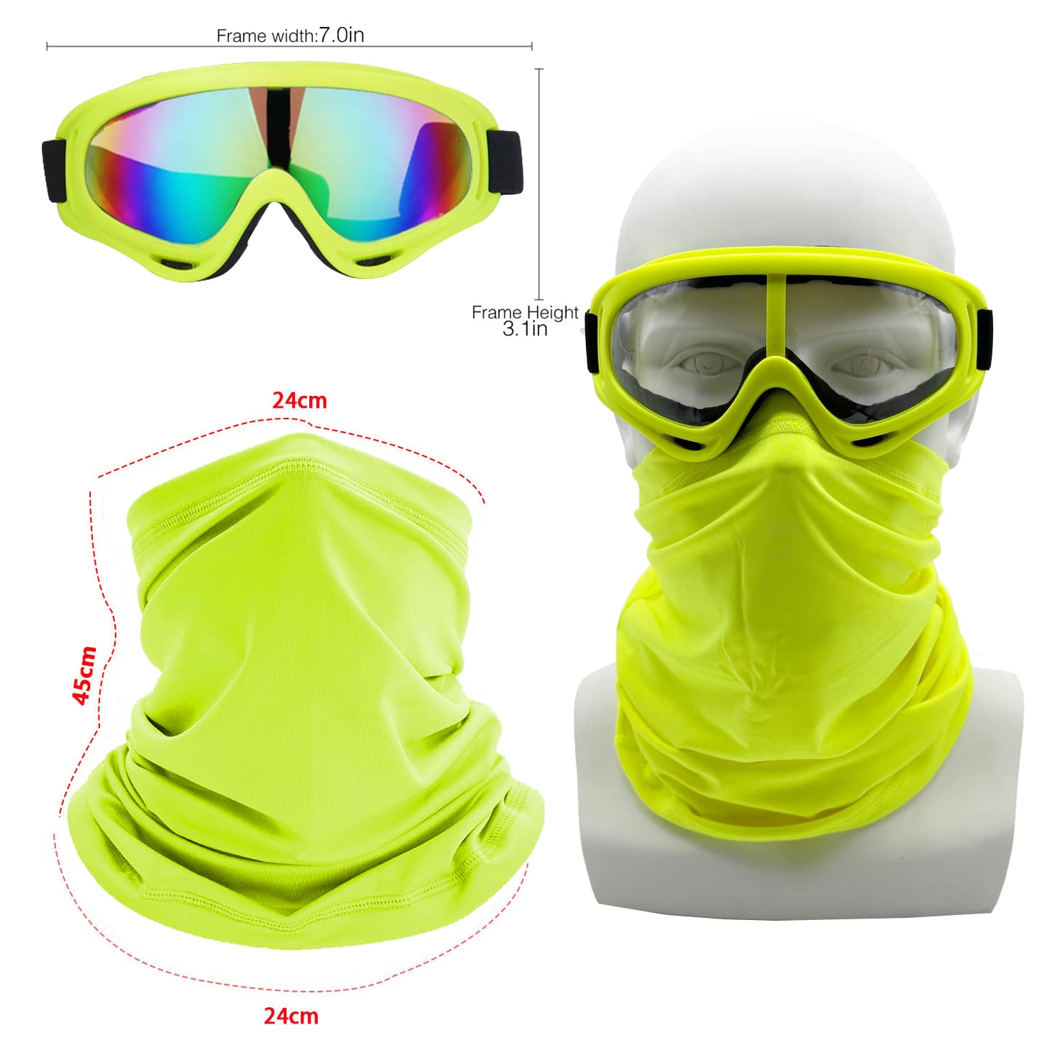 Ljdj Motorcycle Goggles,2 Pack Dirt Bike Atv Motocross Riding Hiking Protective With 2 Pack Neck Breathable Bandana Mask (Yellow