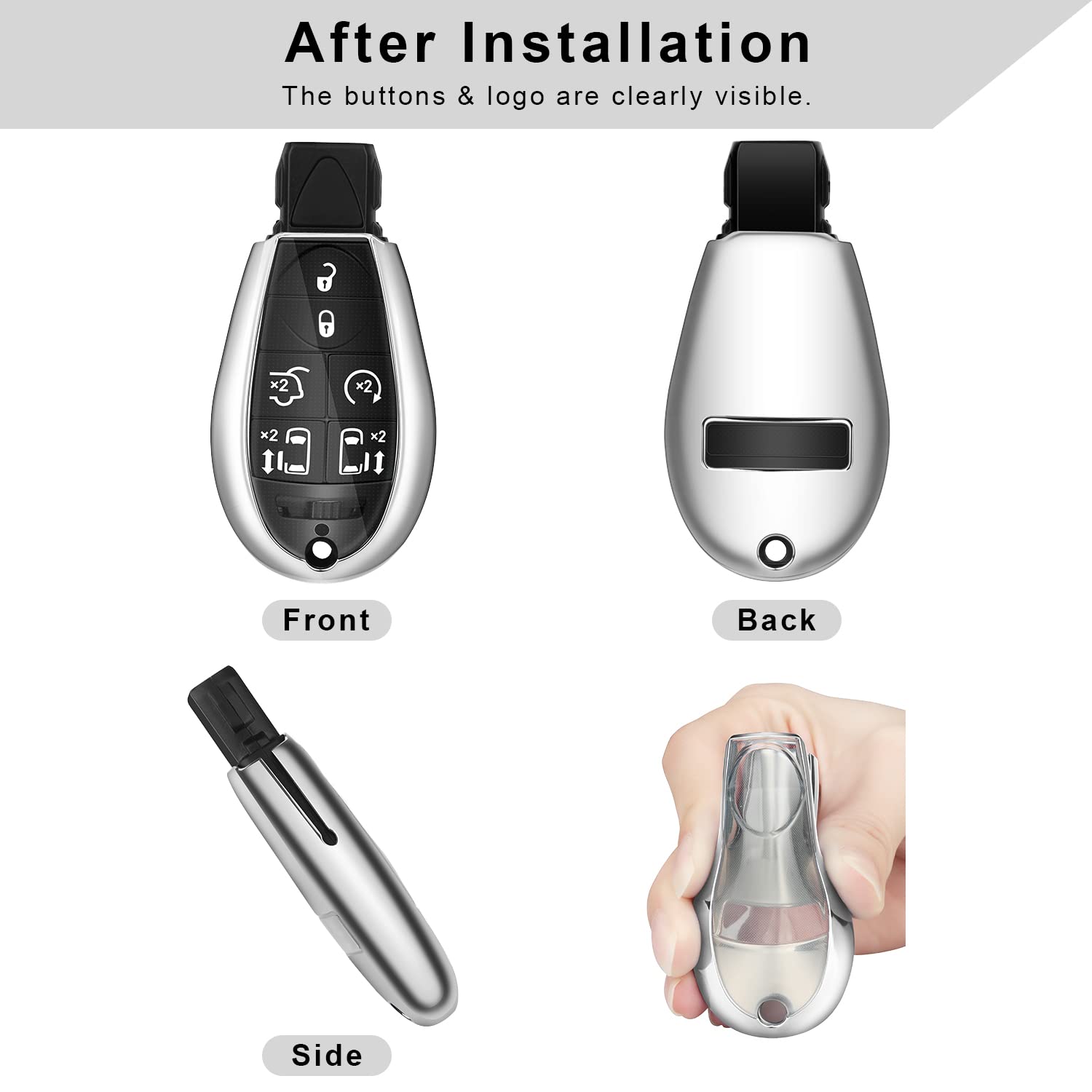 Qbuc For Dodge Key Fob Cover With Keychain Tpu Key Case Compatible With 2008-2018 Dodge Ram Jeep Chrysler Model Accessories (Silver)