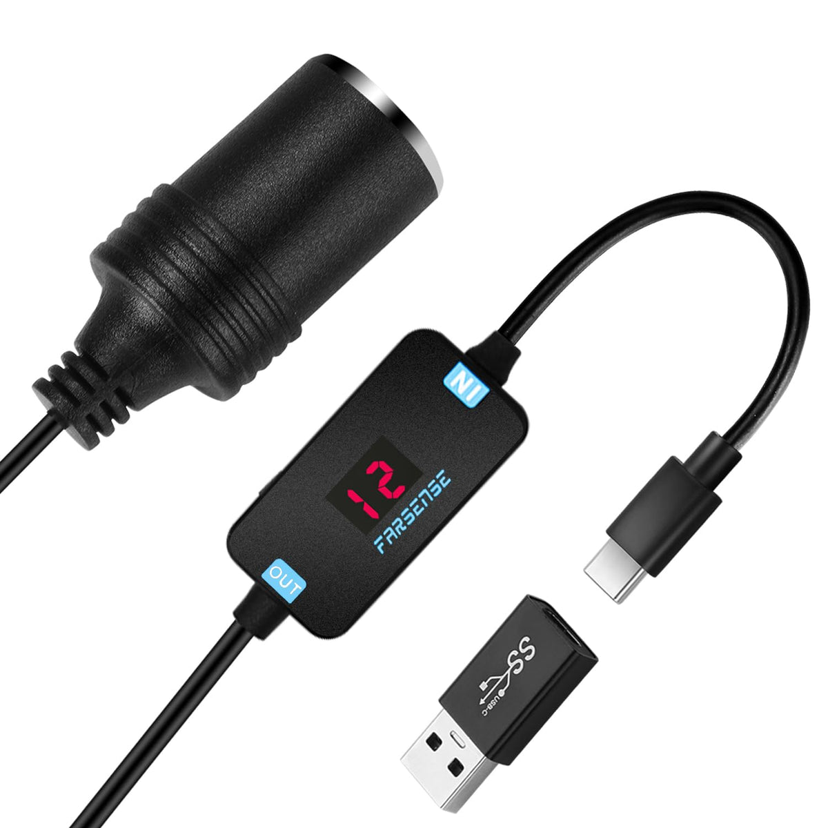 FARSENSE USB A to 12V Cigarette Lighter Adapter(36W)-USB C Male to Cigarette Lighter Female Socket PD Trigger Cable(2FT) with Sw