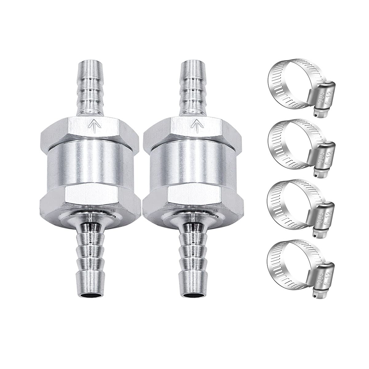 Mxuteuk 2Pcs 1/4 '' 6Mm Aluminium Silver Non Return One Way Check Valve With 4Pcs 6-12Mm Universal Adjustable Hose Clamps For Fu