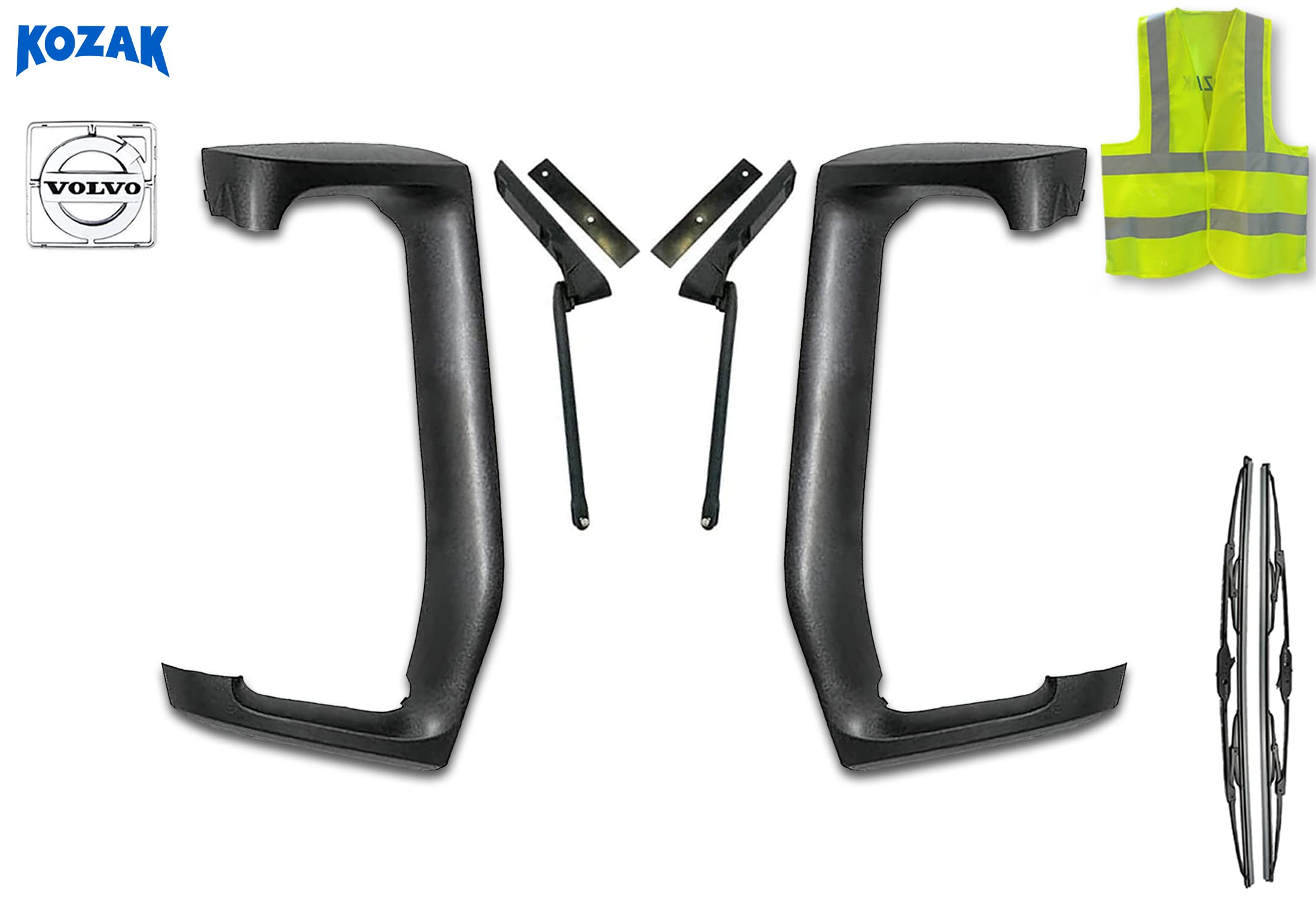 Kozak Mirror Arm Covers With Support Brackets Set, Right Passenger And Left Driver Side, Compatible With Volvo Vnl 2004-2017, Includes Logo, 2X 22' Windshield Wipers, And Reflective Vest