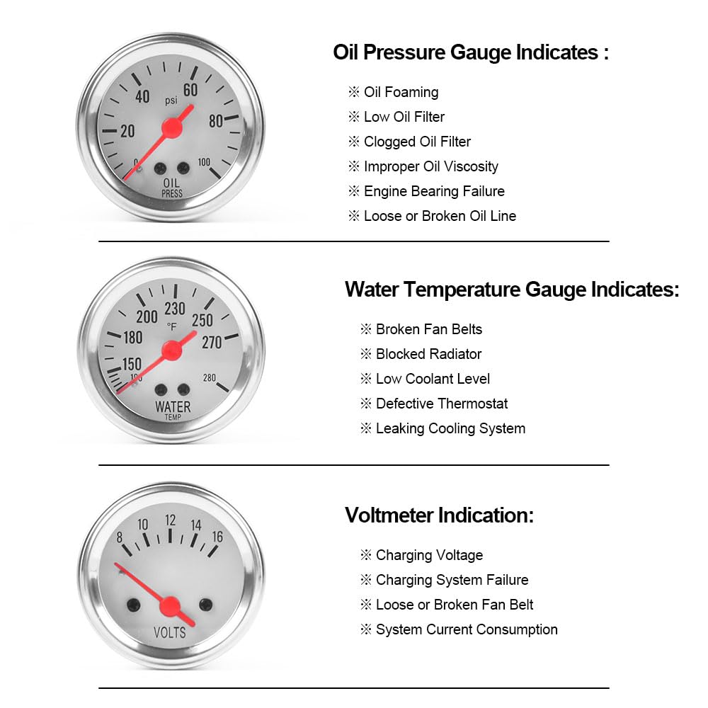 Dyno Racing 2Inch 52Mm Triple Gauge Kit Volt Meter Water Temp Temperature Gauge Oil Press Pressure Gauge Car Meter Triple Gauge Set