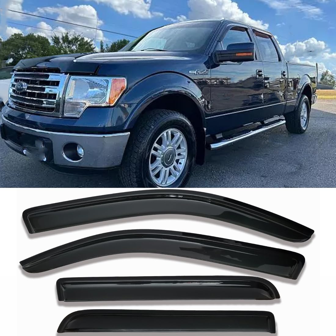 Side Car Window Visors Rain Guards Vent Deflectors Fit 09-14 Ford F150 Crew Cab,2010-2014 Ford F-150 Svt Raptor Supercrew 94155