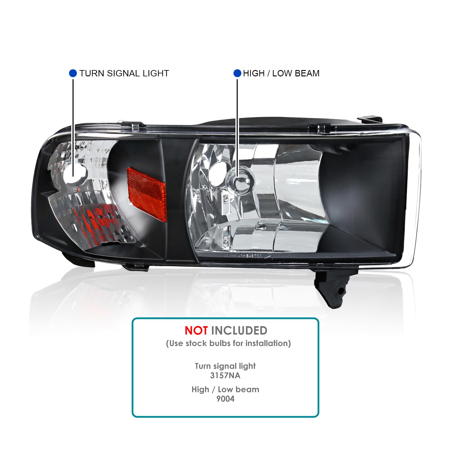 Spec-D Tuning 1PC Style Black Headlights Compatible with 1994-2001 Dodge Ram 1500, 1994-2002 Ram 2500 3500, L+R Pair Head Lights Lamps Assembly