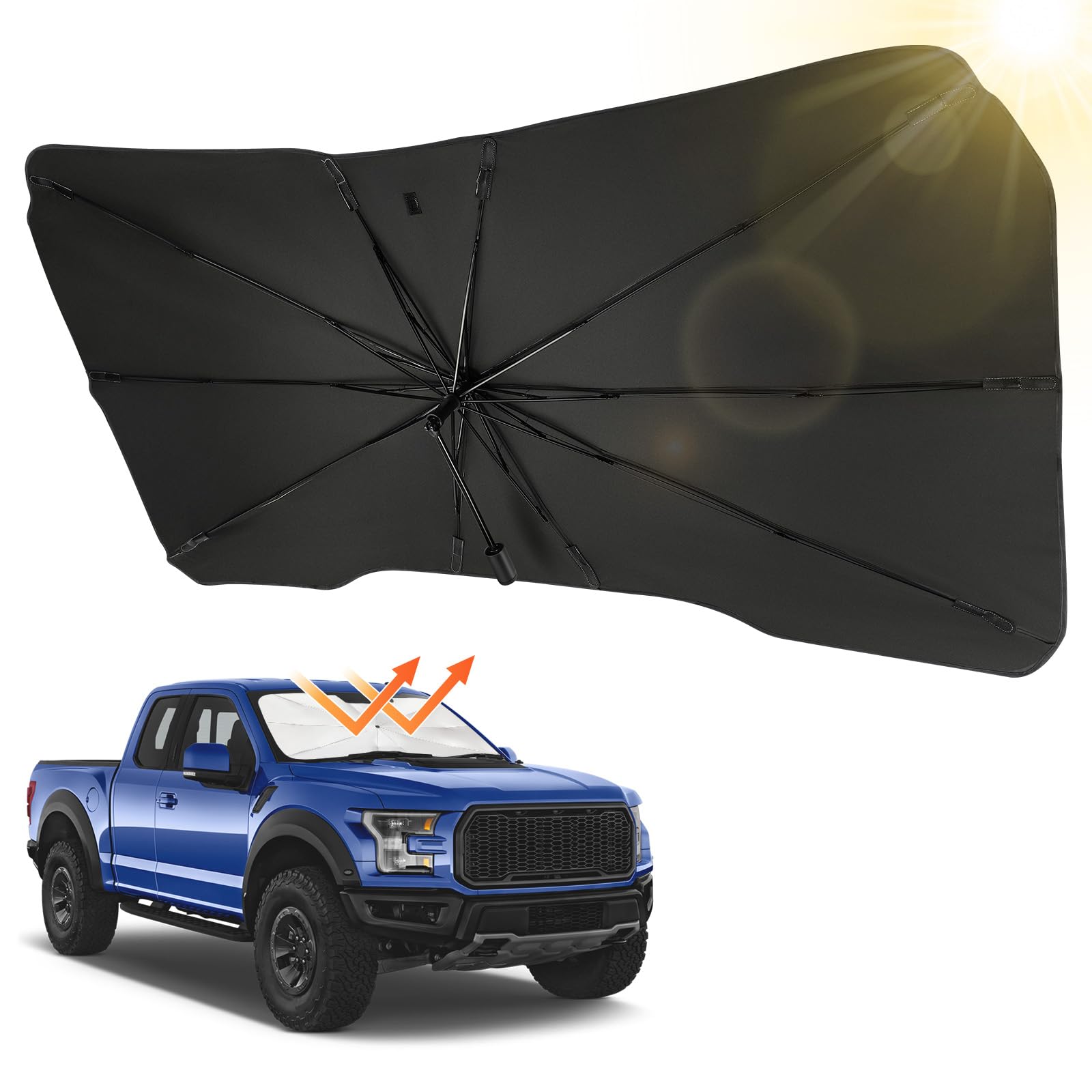 Joytutus Windshield Sun Shade Umbrella, Fit For Ford 2015-2024 F150 F250 F350, With 360 Rotation Bendable Shaft, Titanium Silver