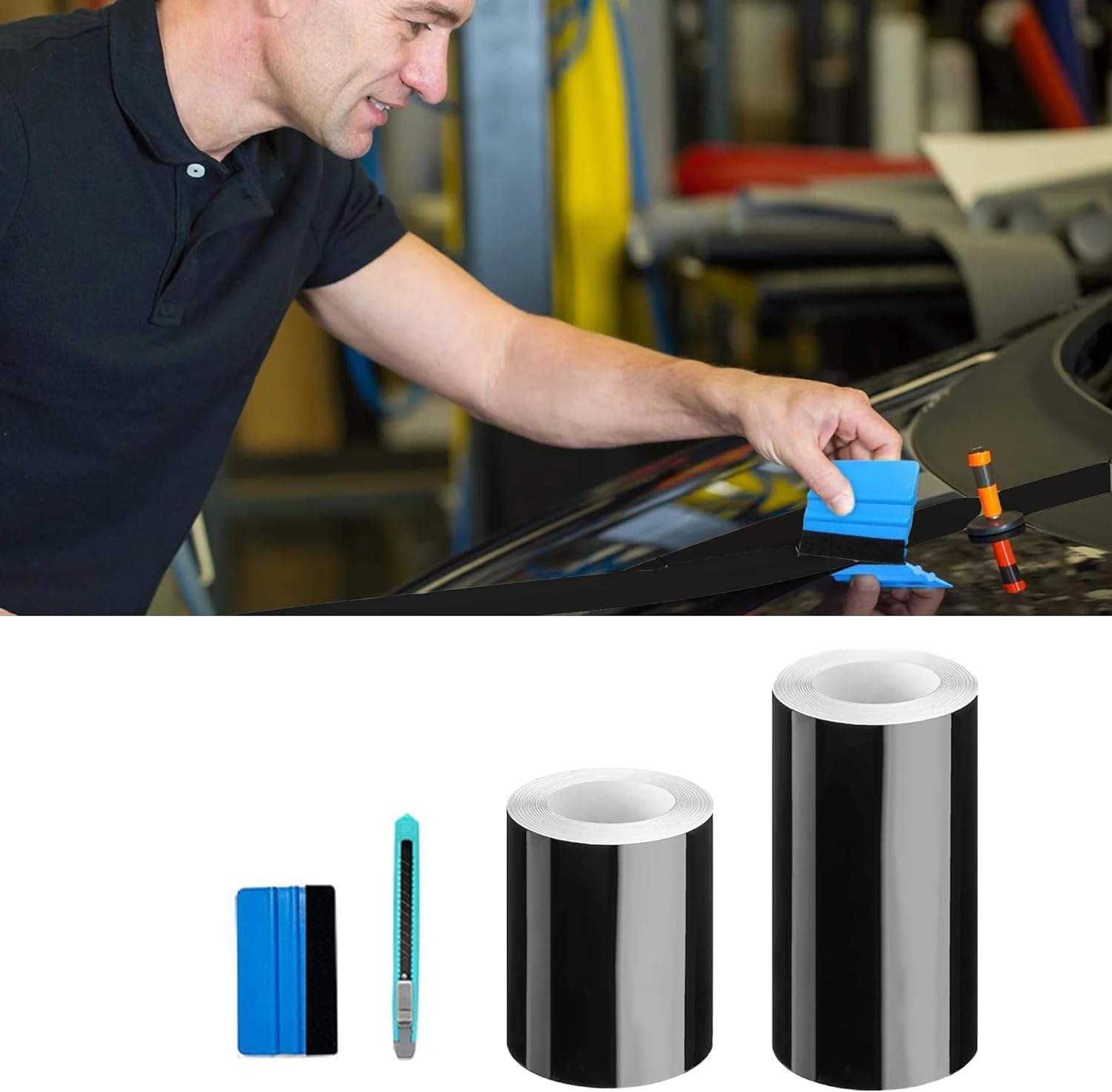 Lypumso High Gloss Black Vinyl Wrap Tape, 1 Inch X 30Ft Self-Adhesive Universal Chrome Black Detailing Tape With Tool, Anti-Scra