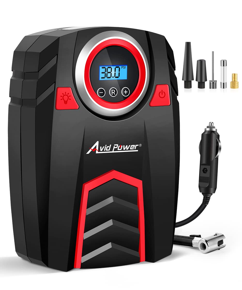 Avid Power 12V Dc Air Compressor W/Digital Pressure Gauge, Car Tire Pump W/Led Light, Auto Shut-Off Tire Inflator For Car, Bicyc