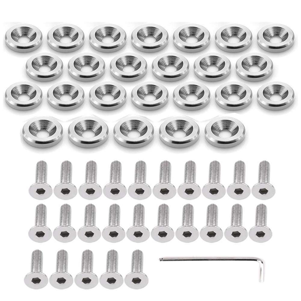 STETION 25 Pcs Fender Bumper Washer Bolt 6061 T6 Grade M6x20mm CNC Finishing Washer Engine Bay Dress Up Fastener Kit (Silver)