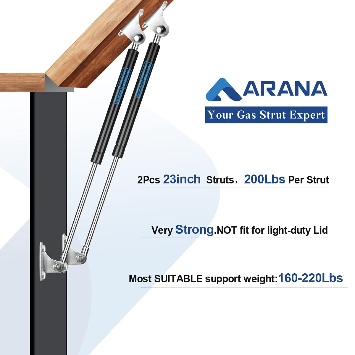 Arana 23 Inch 200Lb Gas Struts Shocks Piston Springs With L Mounting Bracket, 23' 889 N Lift-Support For Heavy Duty Lid Murphy Bed Rv Bed Outdoor Box Lid Trap Door Floor Hatch(Fit 160-220Lb), 2Pcs
