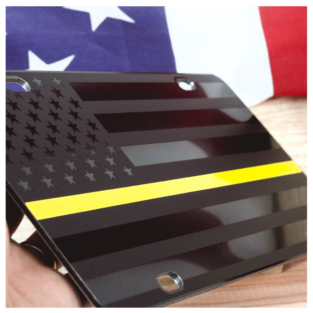 Jass Graphix Dispatcher Thin Yellow Line Almost Invisible American Flag License Plate Matte Black On 1/8'' Black Aluminum Compos