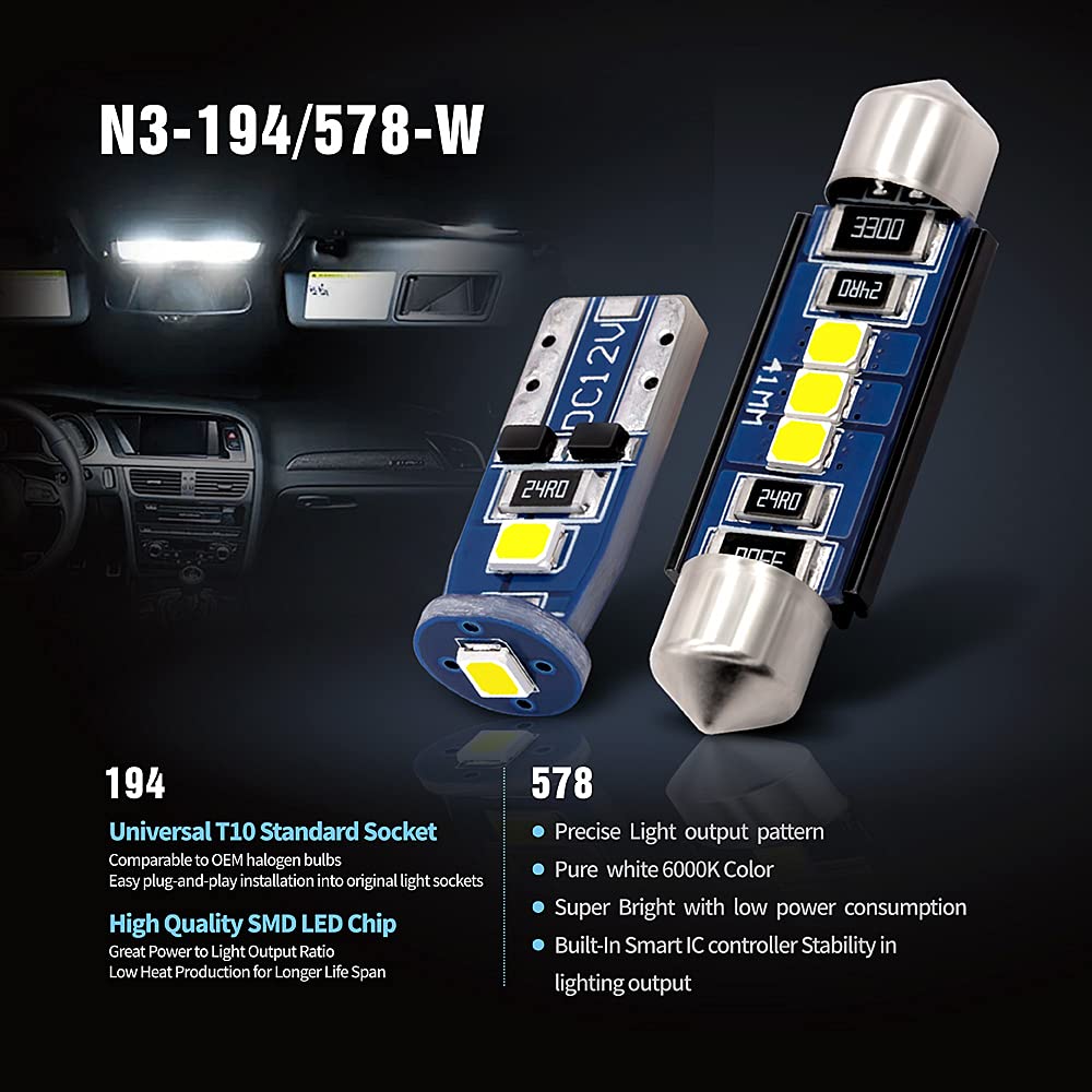 Sir Ius Led N3 578 211-2 212-2 41Mm And 194 168 2825 Combo Led Bulbs White Super Bright 300 Lumens For The Usa Car Truck Interiors Map License Plate Lights Pack Of 10