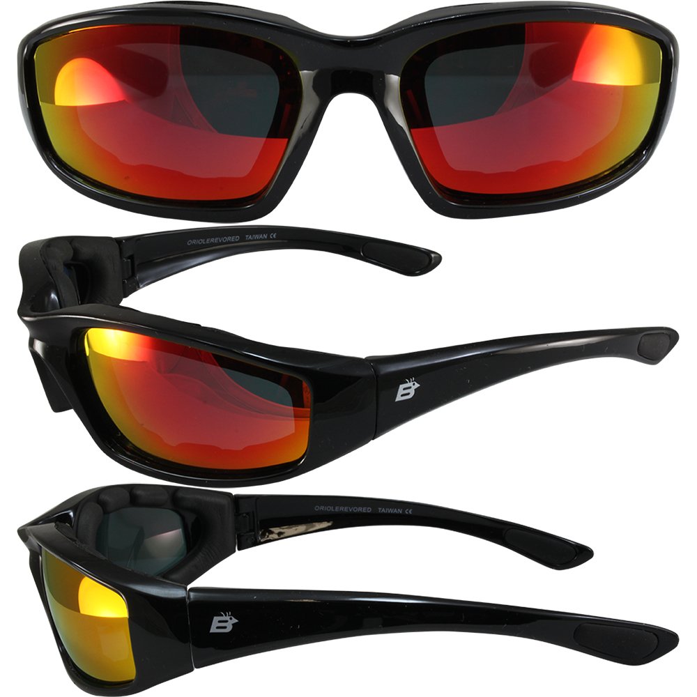 Birdz Eyewear Oriole Padded Motorcycle Riding Sunglasses Gloss Black Frame With Red G-Tech Reflective Lenses