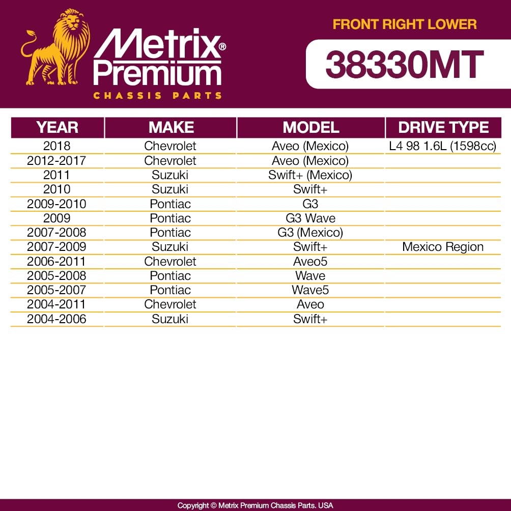 Metrix Premium Chassis Parts - Front Right Lower Control Arm W Ball Joint & Bushing Assembly Fits 18 Chevrolet Aveo (Mexico), 12