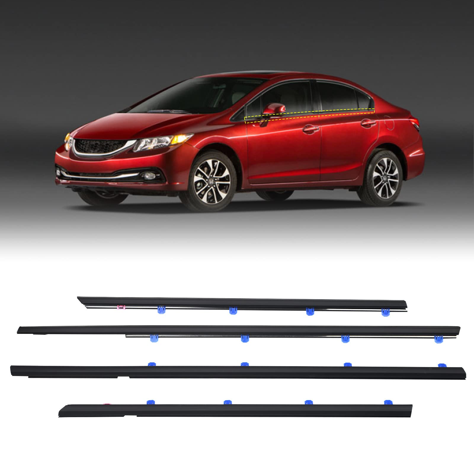 Zonfant 4 Pcs Car Outer Door Window Moulding Trim Weatherstrip Seal Belt Compatible With Honda Vehicle 2012-2015 Civic, Replace#72450-Tr0-A01 72410-Tr0-A01 72950-Tr0-A01 72910-Tr0-A01