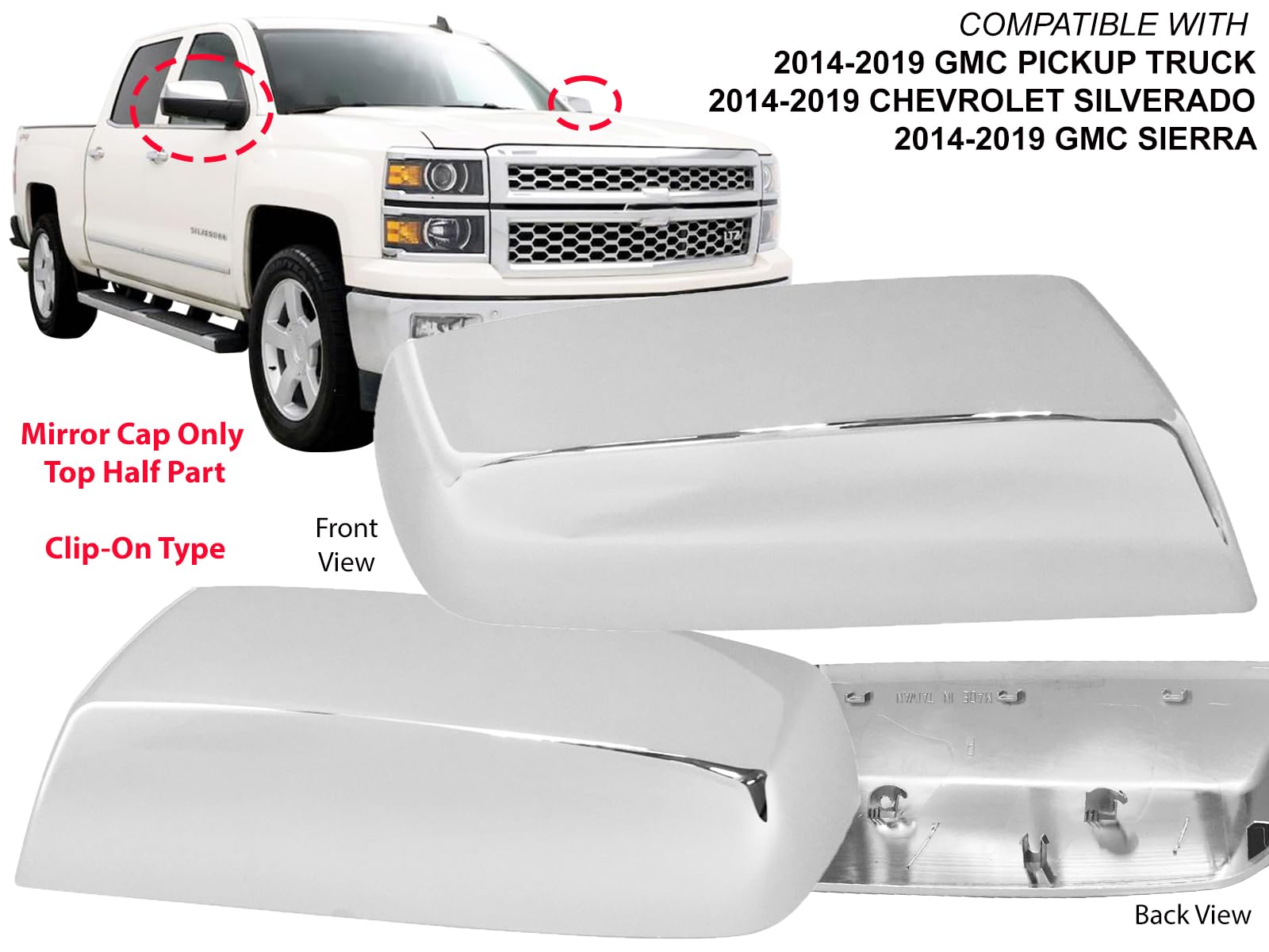 Apa Replacement For Exterior Rear View Chrome Mirror Cover Cap 2014-2019 Silverado Sierra Pair Left And Right Side 22889520 22889519