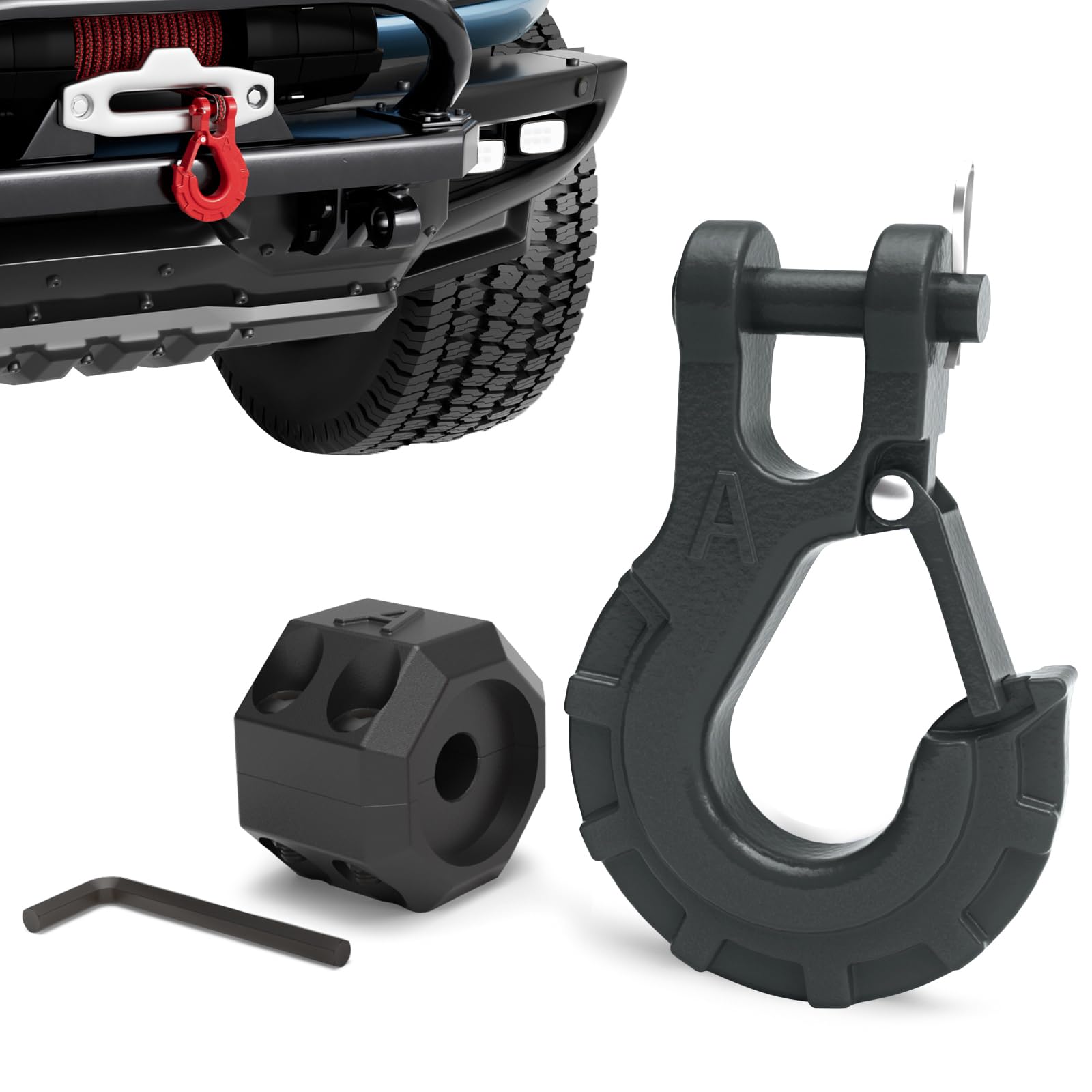 Ambull 3/8 '' Winch Hook & Winch Cable Hook Stopper Sets, Heavy Duty Grade 70 Forged Steel Recovery Hook With Safety Latch, Incl