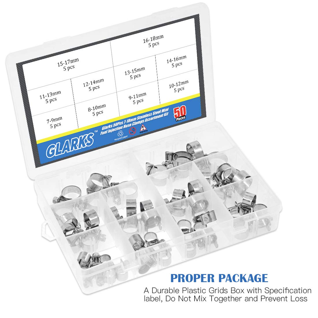 Glarks 50Pcs 7-18Mm Stainless Steel Mini Fuel Injection Hose Clamps Adjustable Pipe Hose Clip Tube Clamps Assortment Kit (Hose C