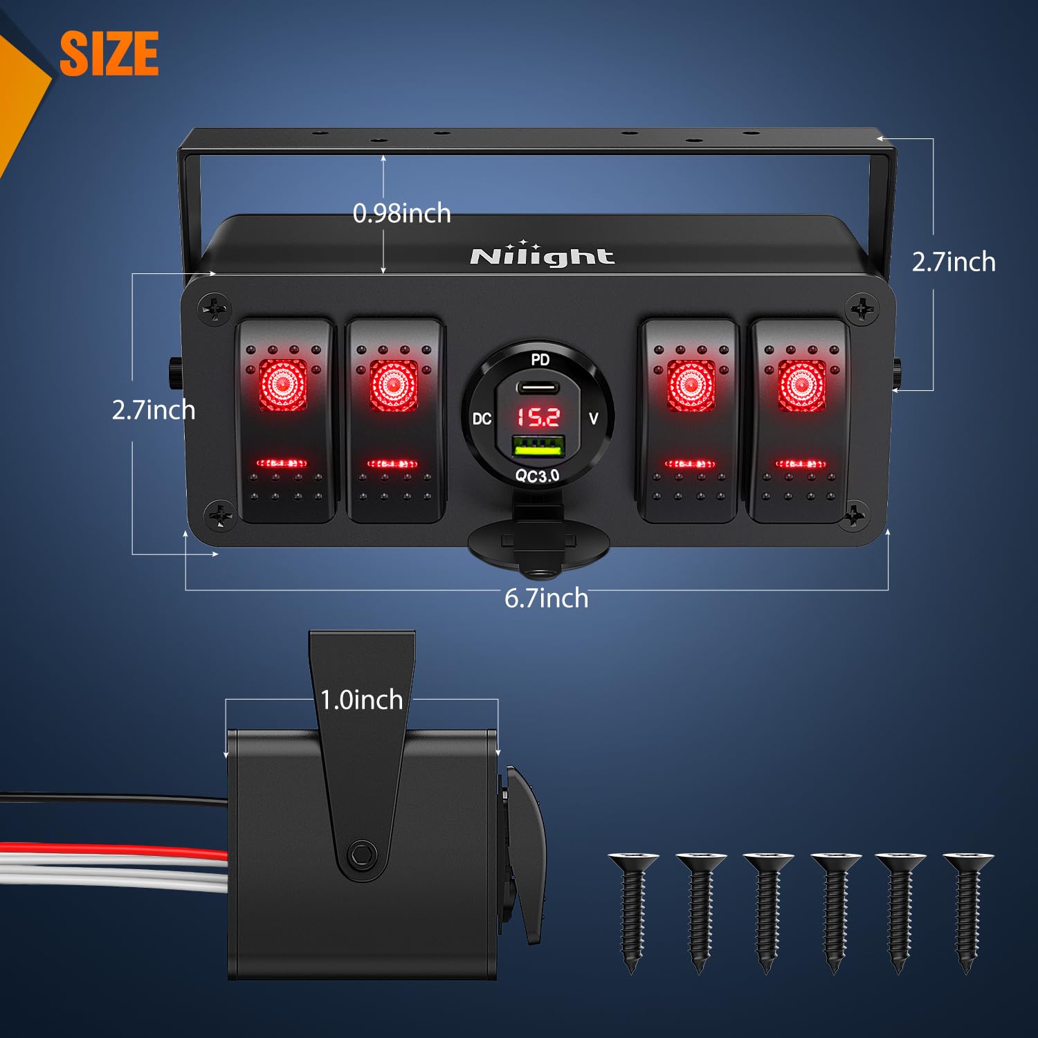 Nilight 4 Gang Rocker Switch Box 12V Spst On Off Toggle Switches Pd Type C And Qc 3.0 Usb Charger Voltmeter Led Light Waterproof