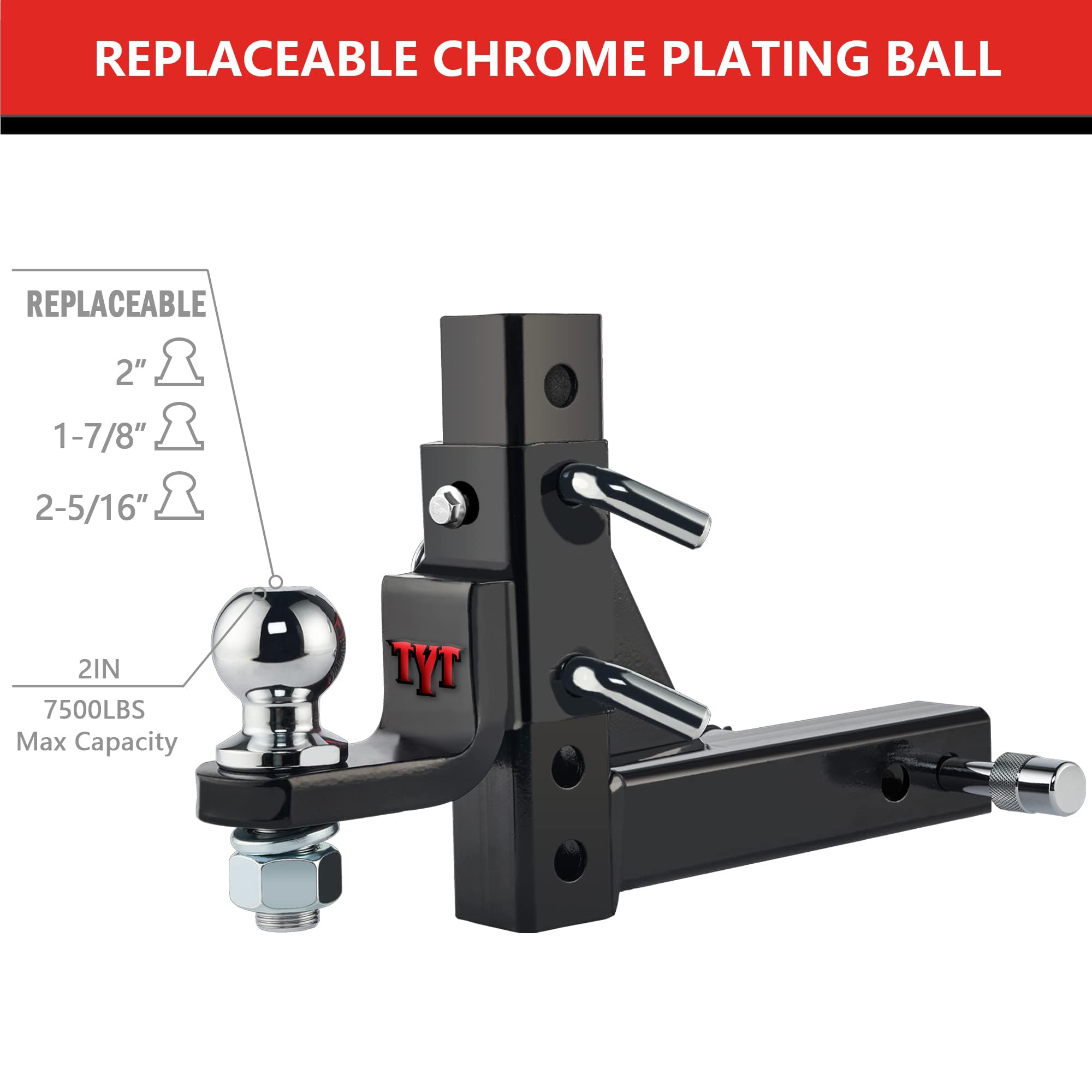 Tyt Adjustable Trailer Hitch Ball Mount, 2'' Towing Ball 7500 Lbs, 9-1/2'' Drop And 8-1/4'' Rise, Fits 2-In Receiver With 2 Pin&