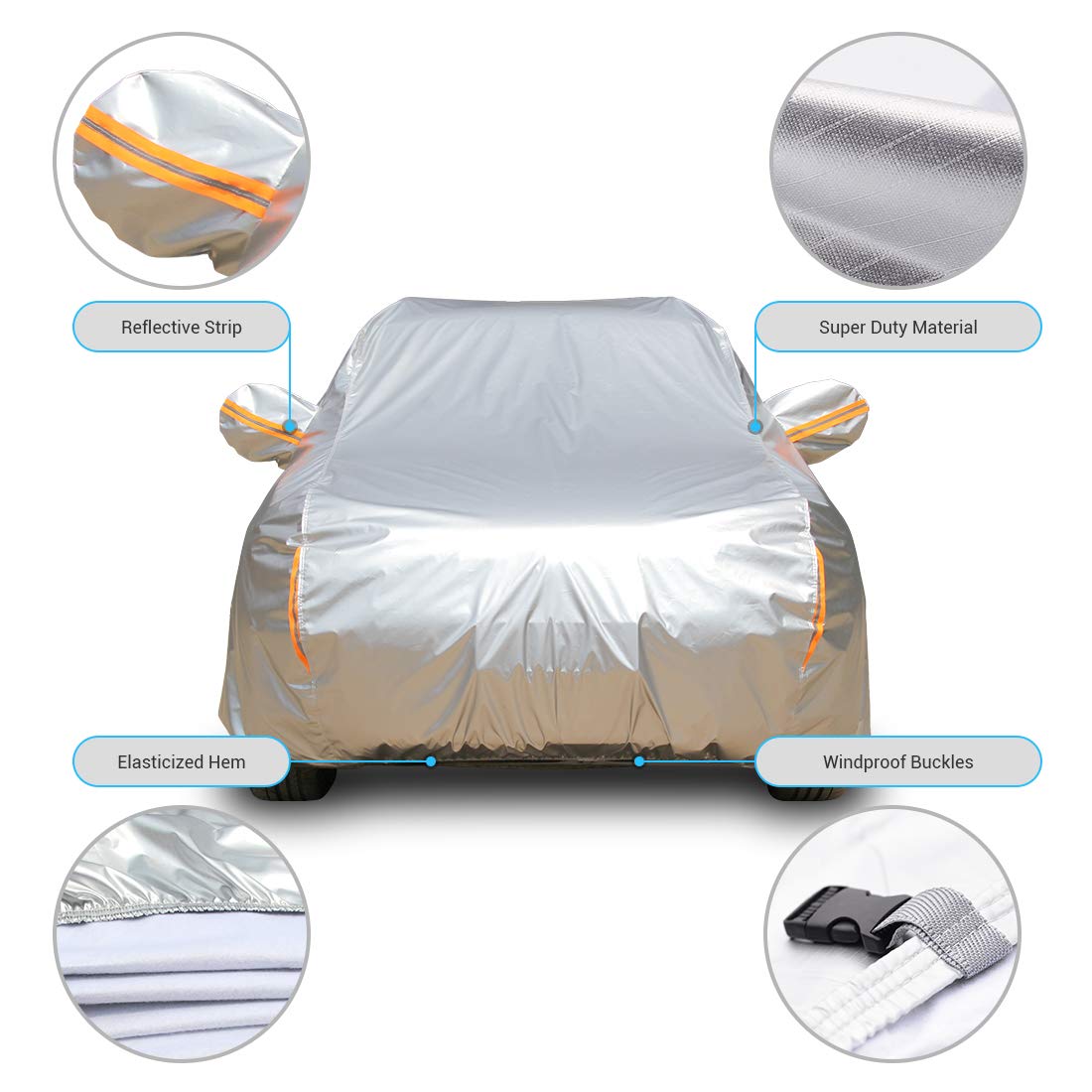 Tecoom Super Heavy Duty Multiple Layers Suv Car Cover All Weather Waterproof Windproof Reflective Snow Sun Rain Uv Protective Outdoor With Buckles And Belt Fit 191-205 Inches Suv