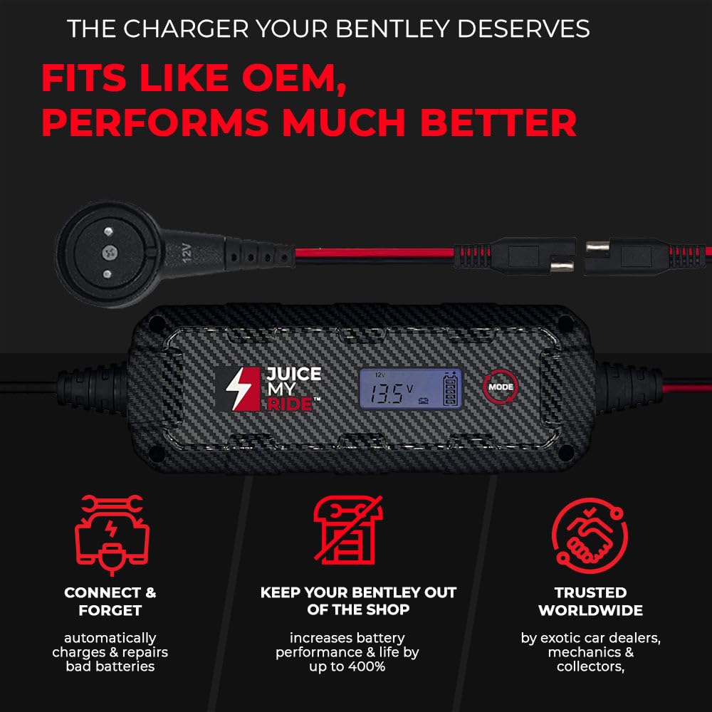 Jmr Battery Charger For Bentley Continental Gt Bentayga Flying Spur Mulsanne Trickle Charger Conditioner Maintainer (Magnetic Port, Add Lithium Mode)