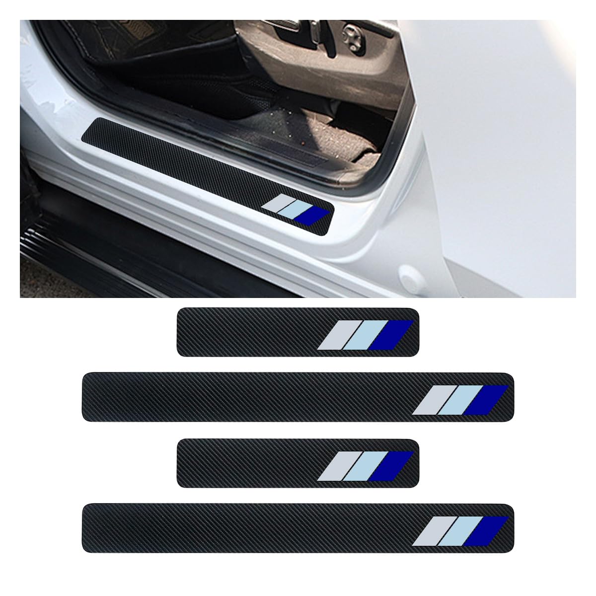 4PCS Tri-Color Door Sill Protectors, Carbon Fiber Door Threshold Protection, Front/Rear Door Sill Plate Step Guard, Anti-Scratch