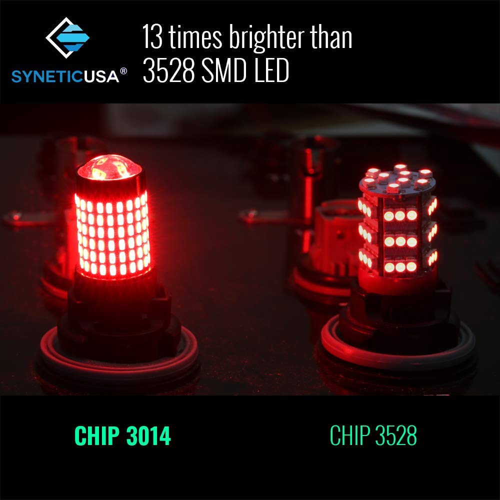 Syneticusa 7440 7443 Red LED Strobe Brake Lights Bulbs Super Bright W21W T20 Wedge High Power 3014 SMD 12V Flashing Strobe Stop Lights Replacement for Cars, Truck