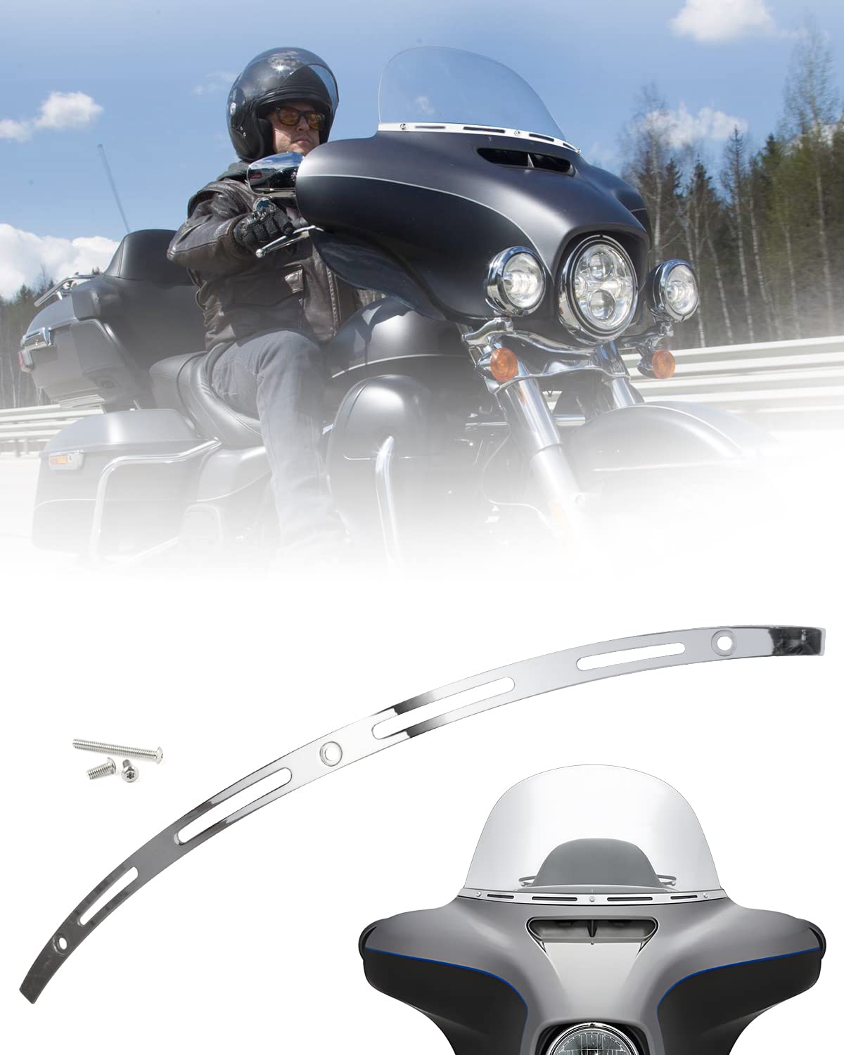ANONEMOTO Slotted Windshield Trim Chrome Stainless Windscreen Trim Compatible for Harley 2014-2024 Touring Ultra Limited Street