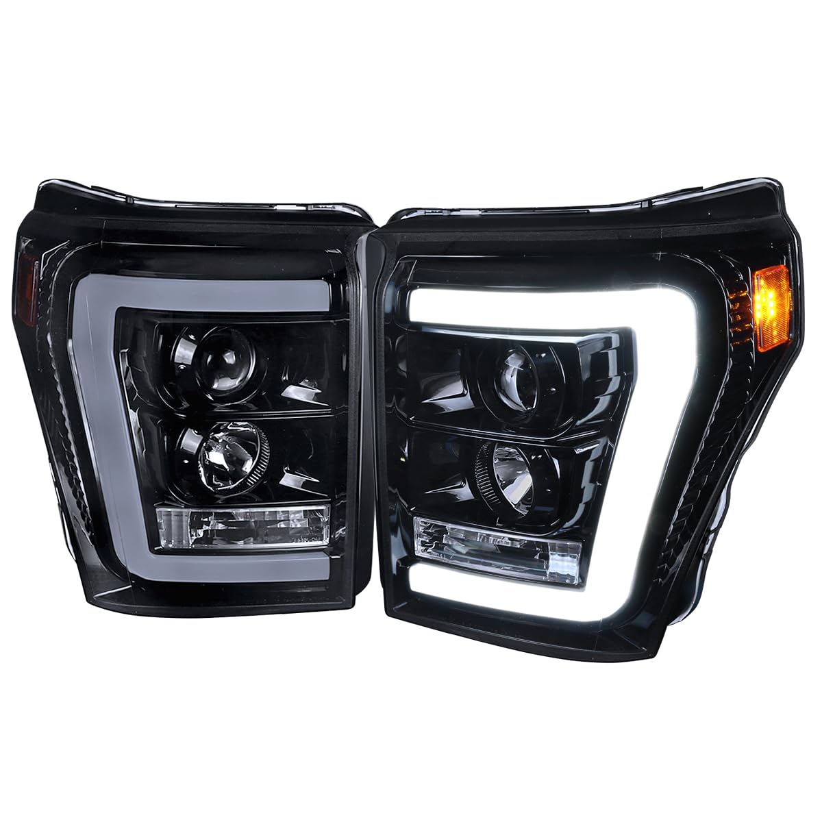 Spec-D Tuning Glossy Black Led Bar Projector Headlights Compatible With 2011-2016 Ford F250 F350 F450 F550 Super Duty Left + Rig