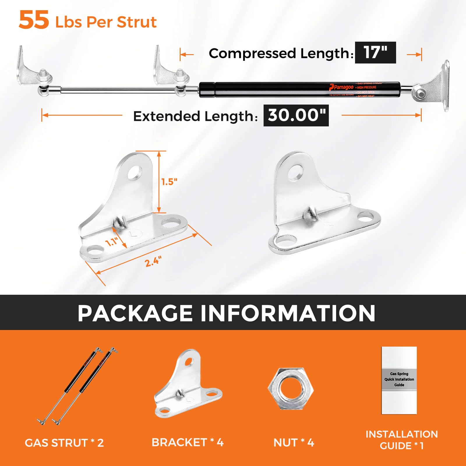 Pamagoo 30 Inch 55 Lbs Gas Strut With Mounting Brackets,2 Pcs 30'' 245 N Shocks For Rv Bed Storage Engine Cover Boat Door Custom