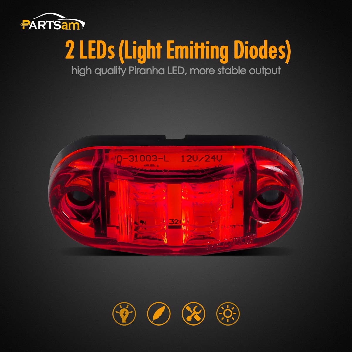 Partsam Amber Red 2.5'' 2 Diode Oval Led Trailer Truck Clearance Light Side Marker Light 4Pcs, Surface Mount Little Boat Marine