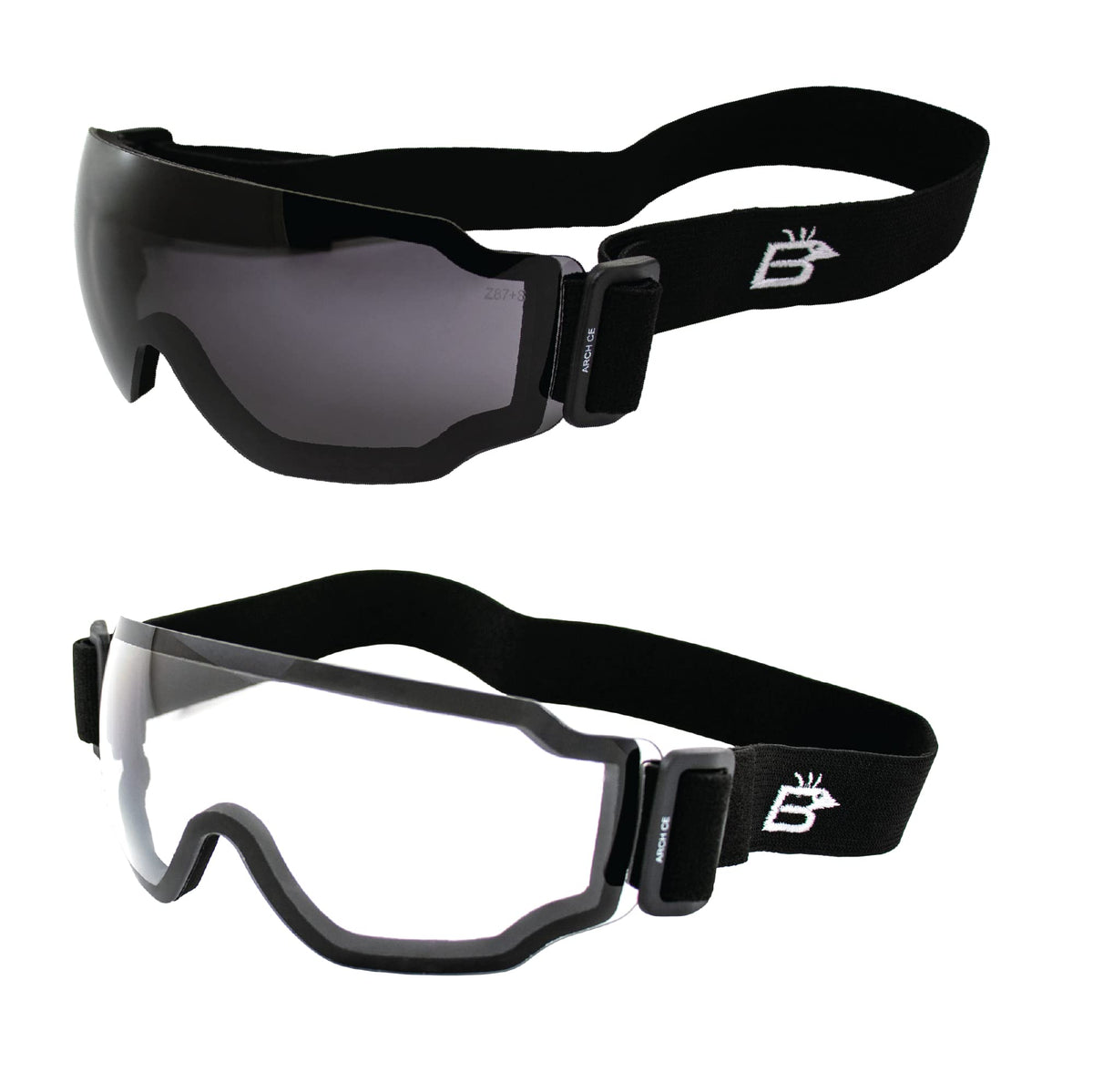 Birdz Eyewear Arch Safety Sky Diving Motorcycle Goggles For Men & Women Ansi Z78.1+ 3 Pairs Clear And Smoke Blue Mirror Lenses (Black-Clear/Smoke)