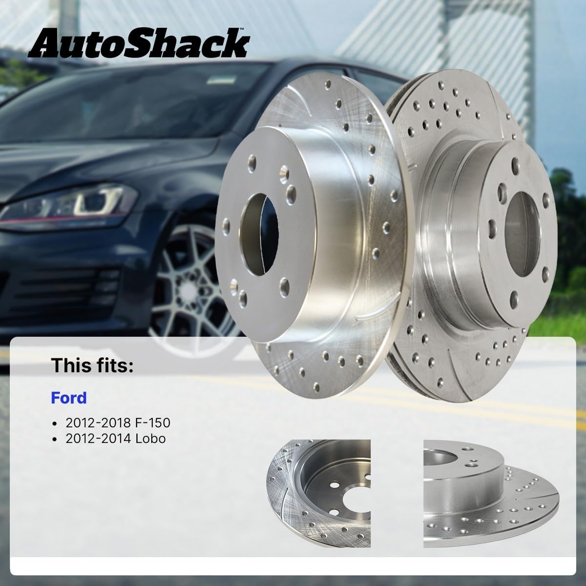 Autoshack Rear Drilled Slotted Brake Rotors Silver Pair 2 Driver And Passenger Side Replacement For 2012-2018 Ford F-150 2.7L 3.5L 3.7L 5.0L 6.2L V6 V8 4Wd Awd Rwd Manual Parking Brake Pr780978Dszpr
