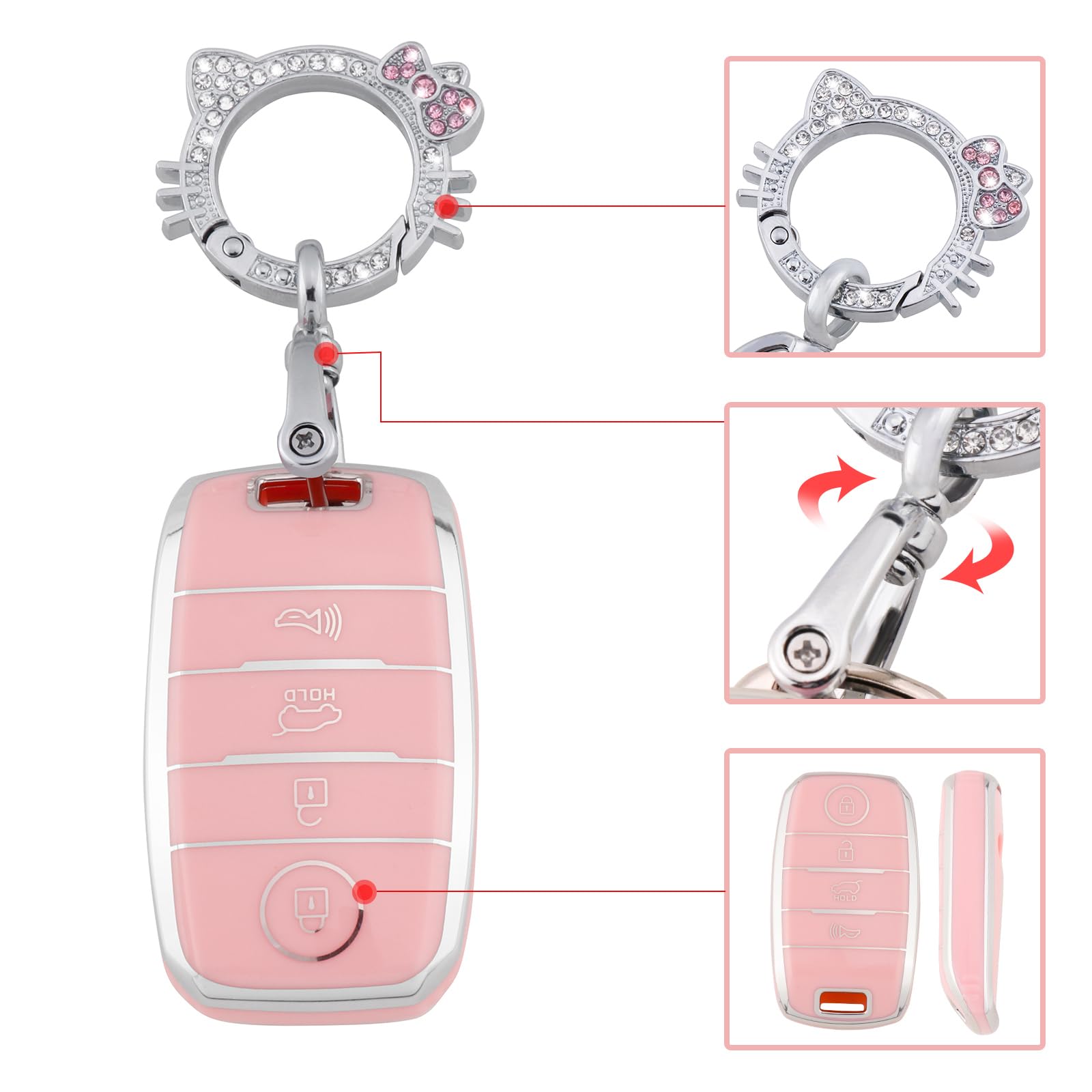Pangpai Pink Key Fob Cover for Kia, Soft TPU Key Case Protection with Bling Keychain Fit for Kia Forte Koup Niro Optima Rio Sore
