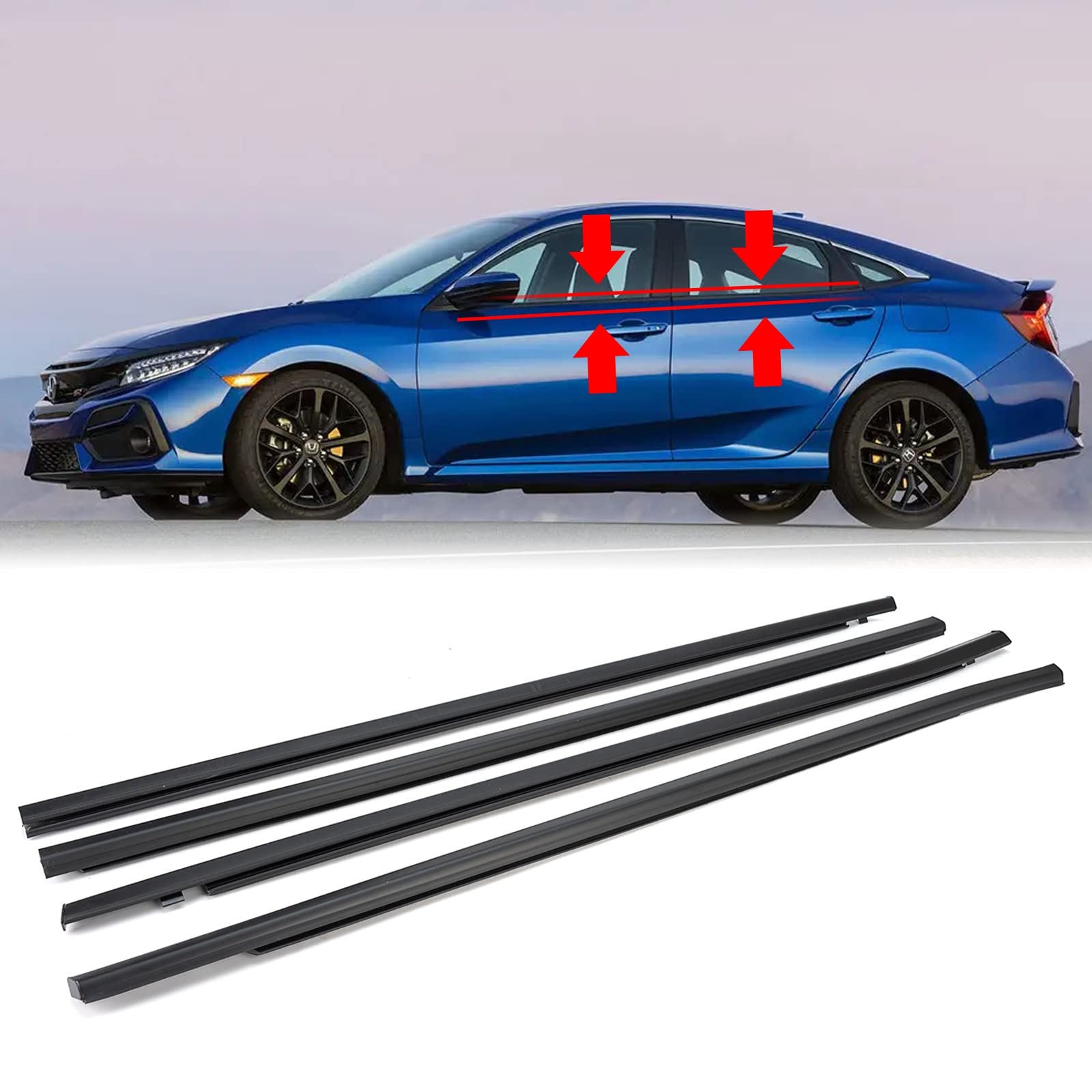 Geataat 4Pcs Weatherstrip Window Moulding Trim Seal Belt Compatible With 2016-2021 Honda Civic 4 Door Sedan