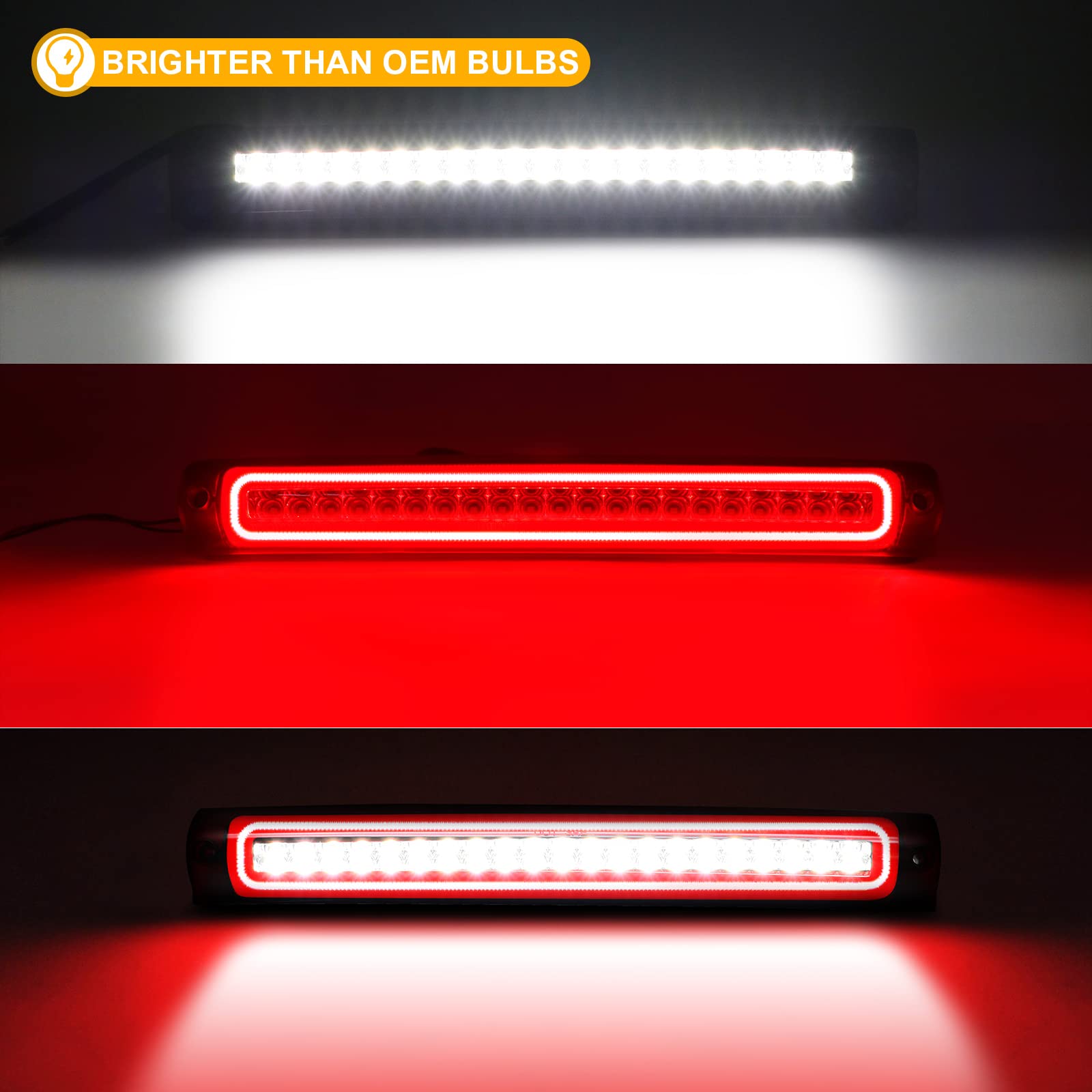 R&F Auto F1 Style Strobe Led Third Brake Light Replacement For F150 (1997-2003), F250 (1997-1999), Excursion (2000-2005) Roof Cargo Lights High Mount Stop Lamp With Seal Foam Gaskets Red Clear Lens