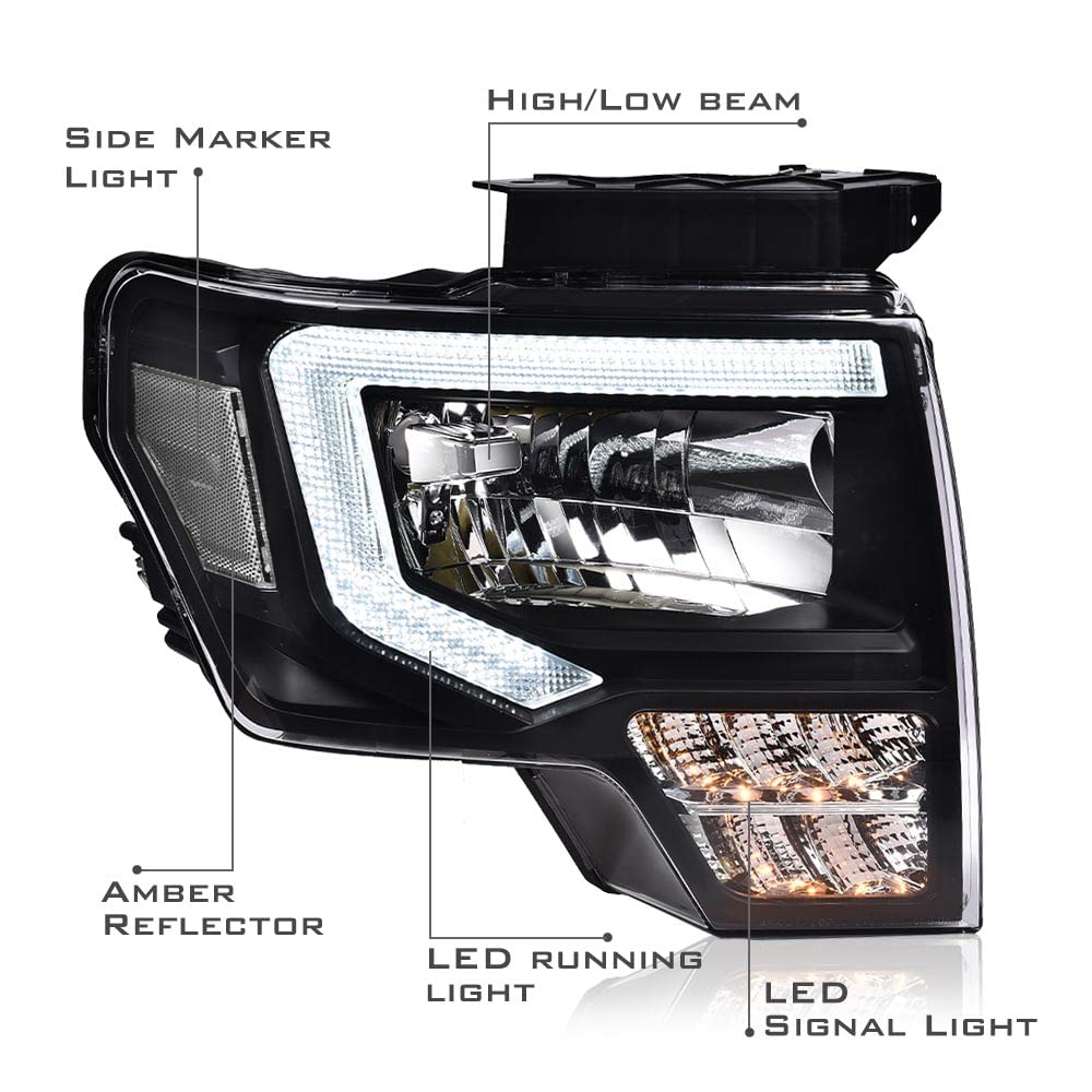 Cheda Led Drl Headlight Assembly Compatible With Ford F150 2009-2014 Headlamps Clear Lens Black Housing Clear Reflector Fo250328