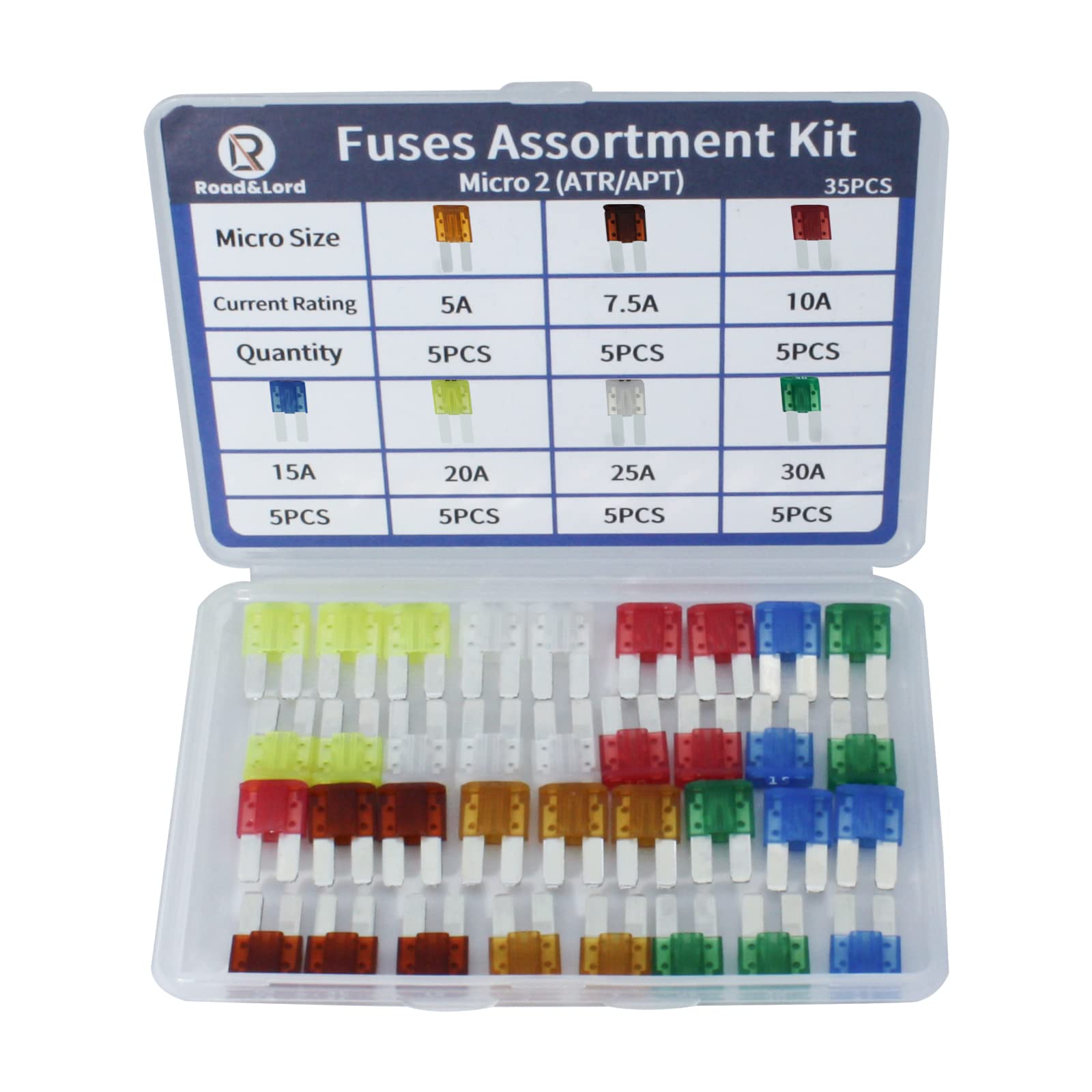 Micro 2 Car Blade Fuses Assortment Kit - Micro2 Fuses Automotive 35Pcs Micro 2 Atr/Apt Blade Fuse Kit (2A/3A/5A/7.5A/10A/15A/20A