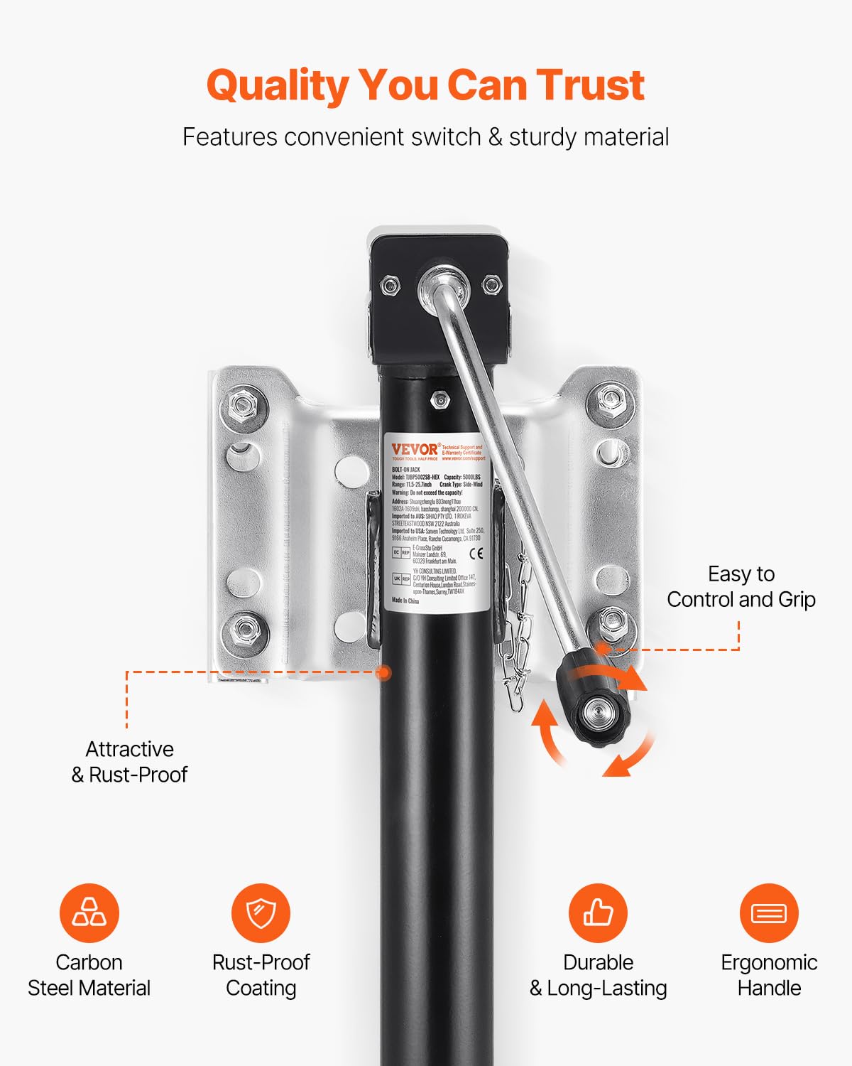 VEVOR 5000 lbs Dynamic Load Capacity, Heavy Duty Swivel Bolt-on Trailer Jack, 14.3 Lift Trailer Jack Stand with Handle for RV,