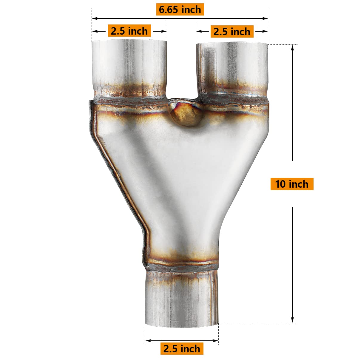 Exhaust Y Pipe 2.5'' Inlet, A-Karck Stainless Steel 2.5'' Outlet 10'' Long Y Pipe Withstands High Temperatures