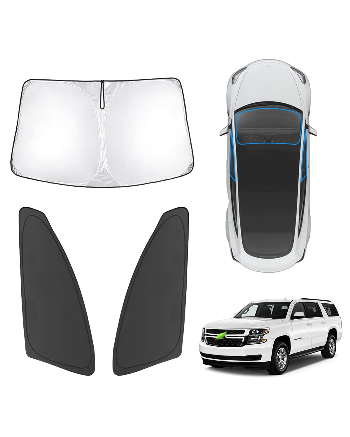 Karltys 3Pcs Windshield Sun Shade For 2015-2020 Chevy Suburban, Front And Side Window Sunshade Cover Custom Fit Suburban, Foldab