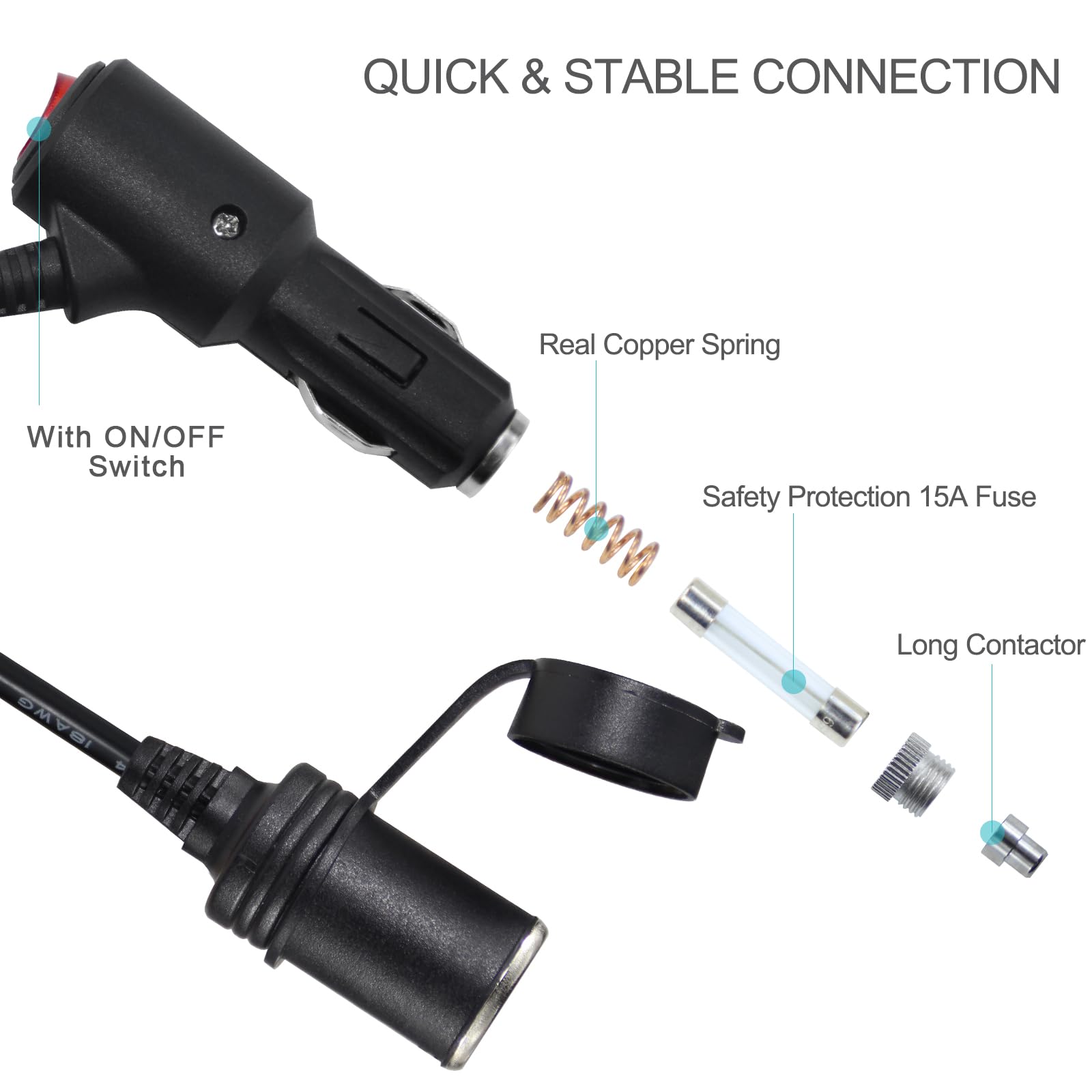 10Ft 12Volt Dc Cigarette Lighter Extension Cord With On Off Switch - Black Car Power Charge Extension Cable With 15A Fuse, Cigar