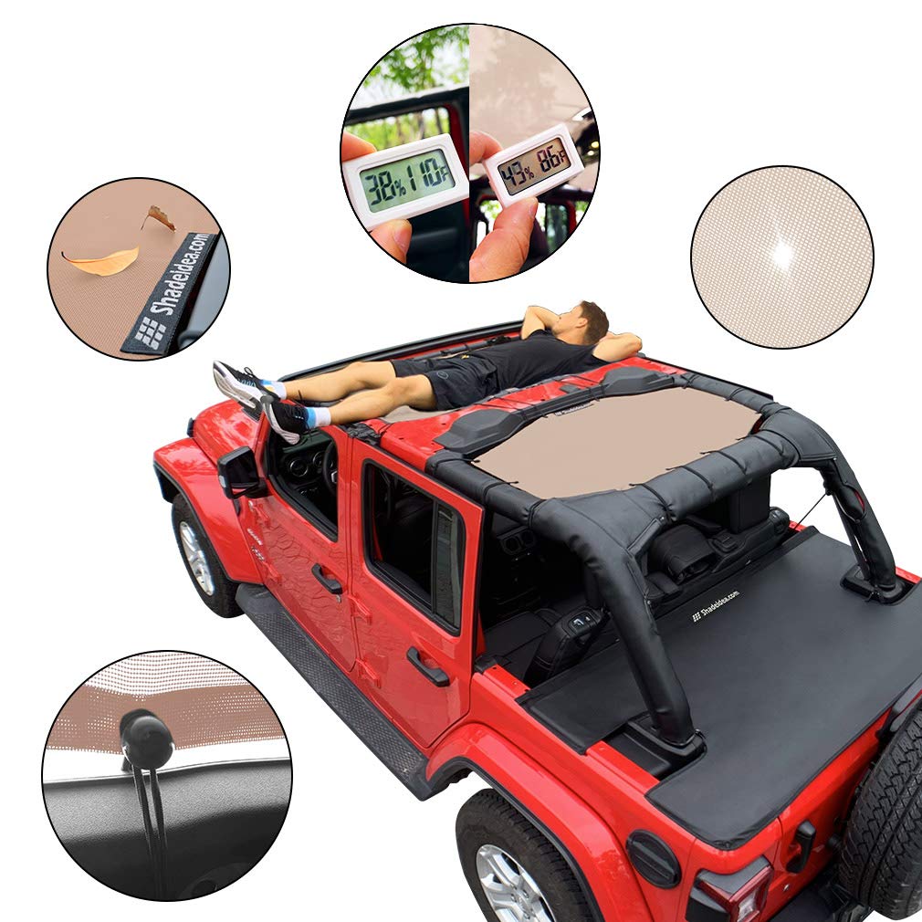 Shadeidea Sun Shade Top For Jeep Wrangler Sunshade Jl Unlimited (2018-2023) 4 Door Front And Rear 2 Piece -Tan Mesh Screen Sunsh