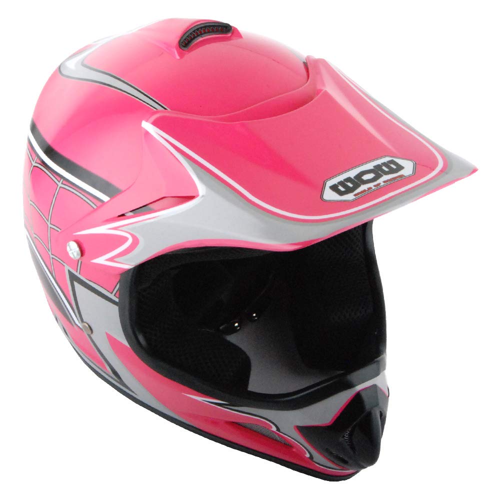 Wow Youth Motocross Helmet Bmx Mx Atv Dirt Bike Helmet Spider Web Pink + Goggles + Martian Skull Pink Glove Bundle