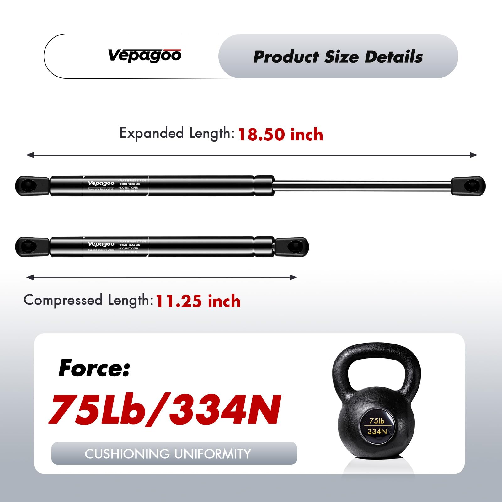 Vepagoo 18.5 inch 75Lb/334N Gas Struts Shocks Sping are LEER Snugtop Camper Topper Shell Rear Window Lift Support Truck Canopy C