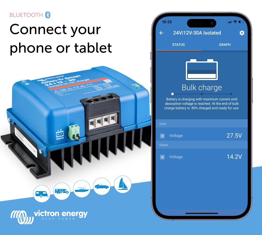 Victron Energy Orion-Tr Smart Dc To Dc Charger (Bluetooth) - 24/12-Volt 30 Amp 360-Watt - Battery Charger For Dual Battery Systems - Isolated
