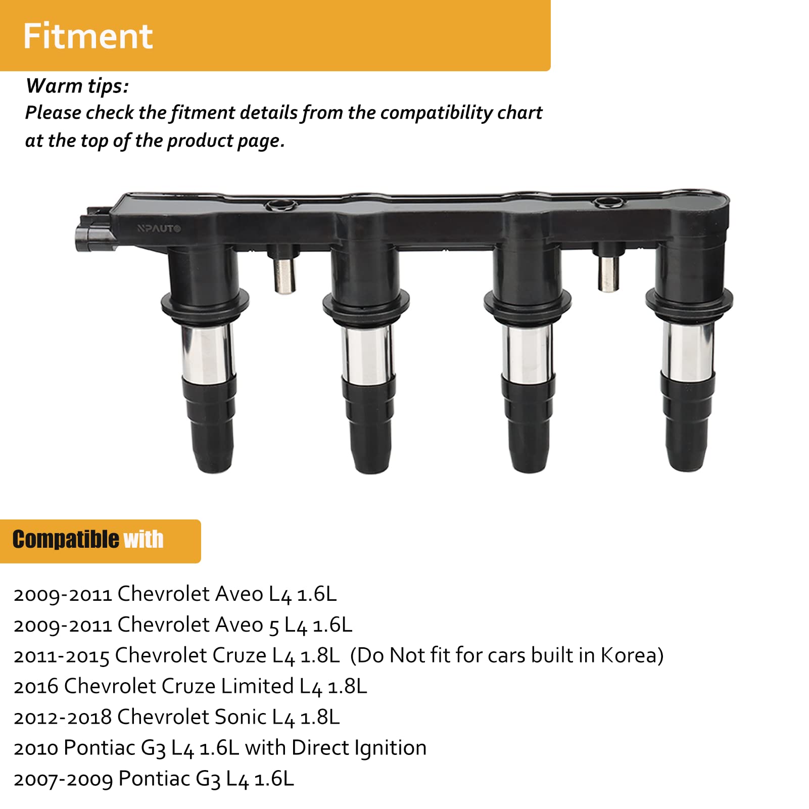 Ignition Coil Pack Replacement For L4 1.6 1.8 Chevy Cruze Aveo 5 Aveo5 Sonic Pontiac G3 2007 2008 2009 2010 2011 2012 2013 2014 2015 1.6L 1.8L, Uf620 C1646