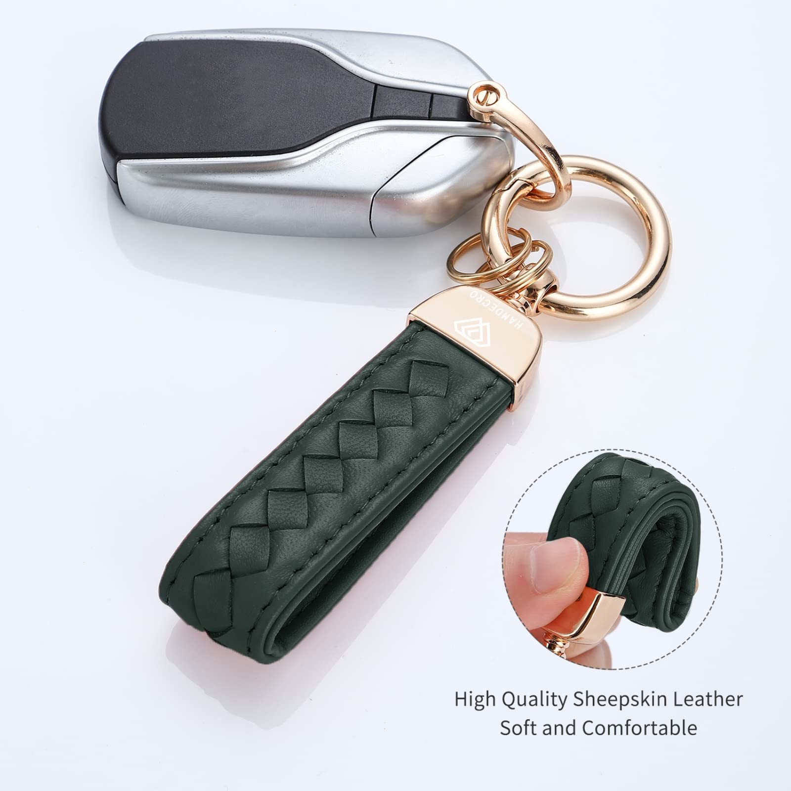 Hamdecro Genuine Leather Keychains, Handmade Knit Sheepskin Car Key Chains For Women, Universal Key Fob Holder With 360 Degree Rotatable, Anti-Lost D-Ring, 2 Keyrings And 1 Screwdriver - Green
